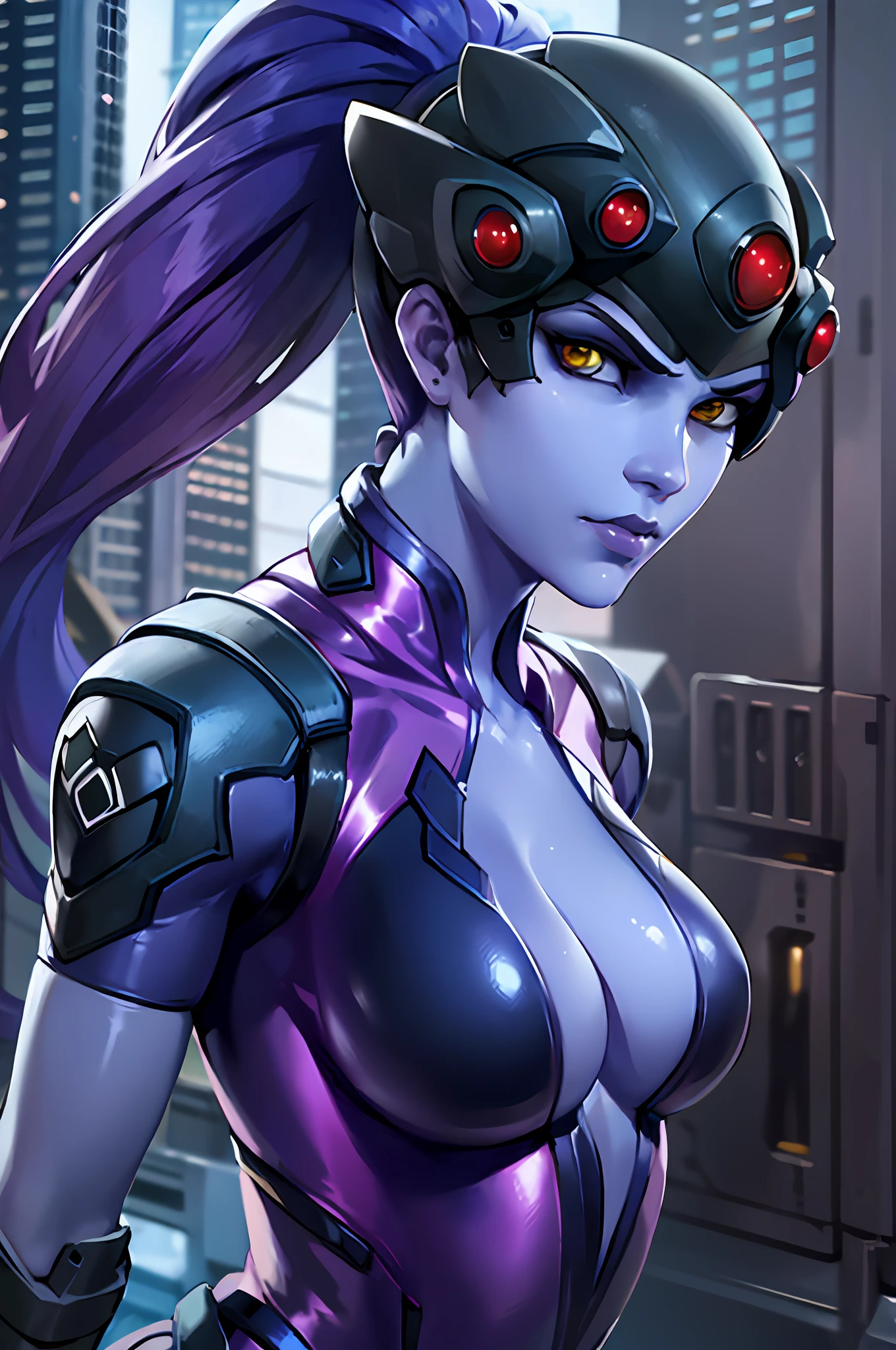 widowmaker, looking at viewer, death glare, waist up, visor, bodysuit, ponytail, skyscraper, solo, sunlight, best quality