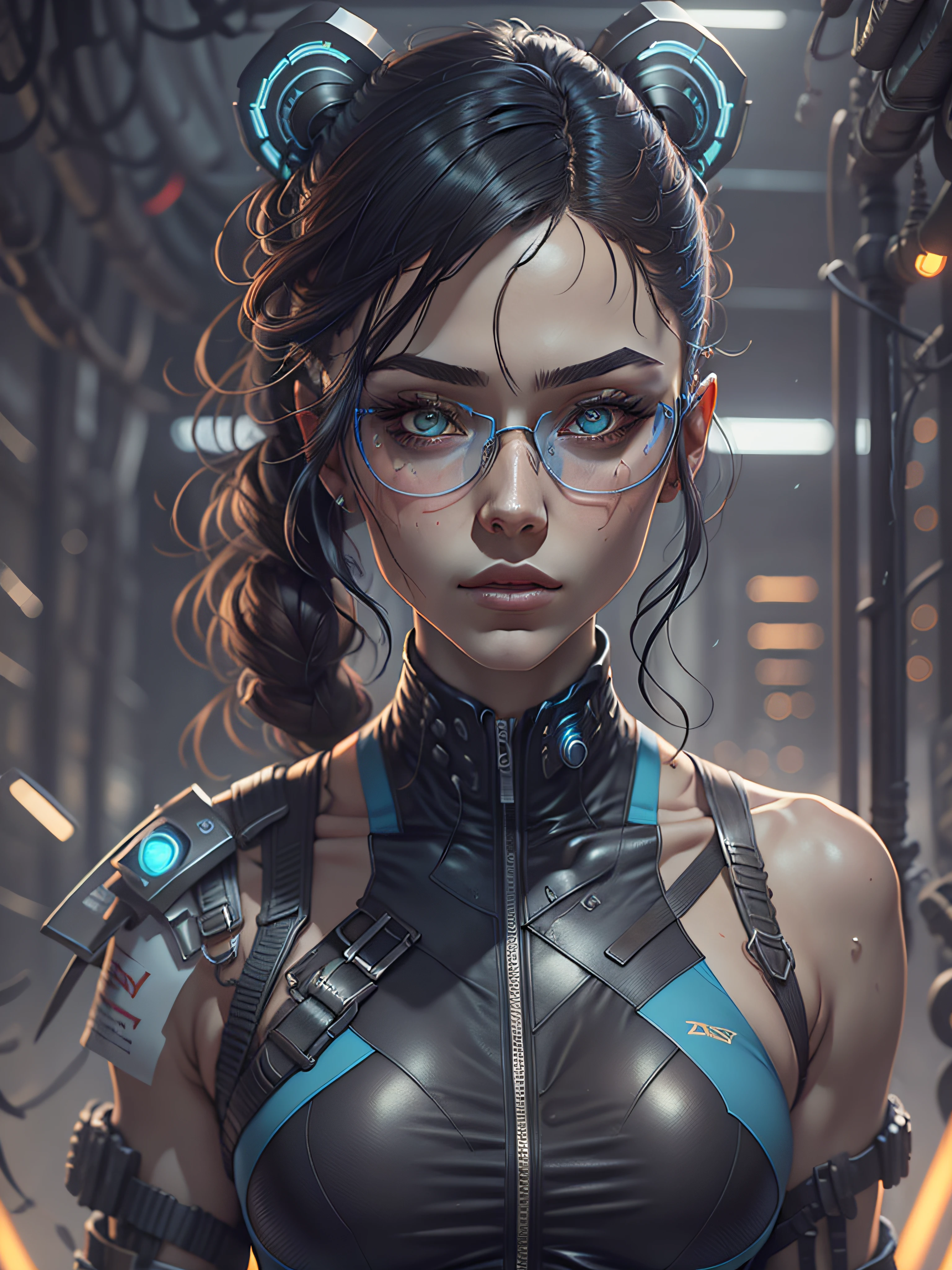 Personagem de corpo inteiro. mulher. Morena, cabelos azul piscina, futuristic glasses, rosto delicado. Roupa elegante futurista, roupas estilo cyberpunk, coturnos pretos. Air of intelligence and courage. Character style of state-of-the-art games, Ultra realista. Texturas detalhadas minuciosamente. Professional lighting.
