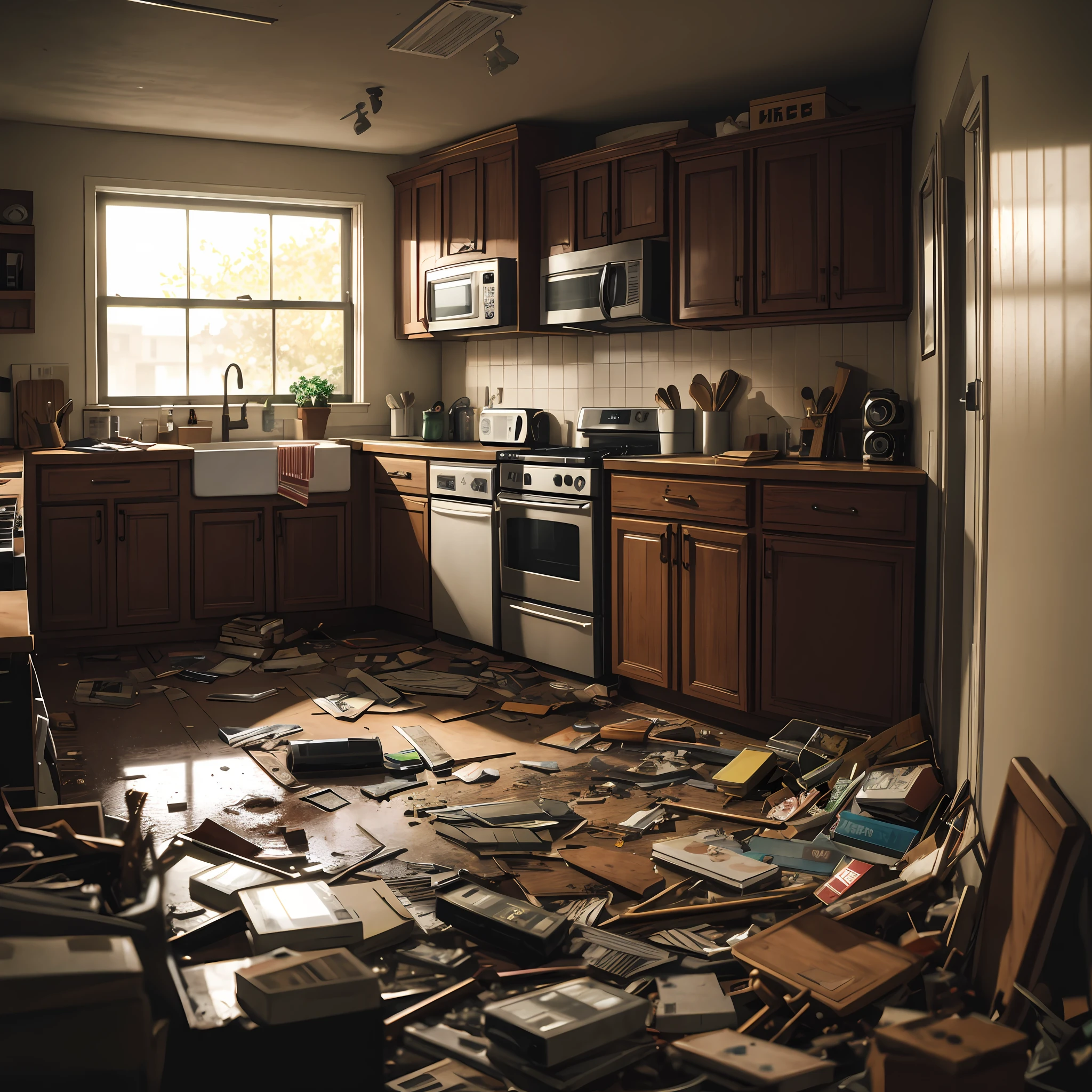 90's found footage vhs, dvd scanlines, film grain, film noise, realistic, cinematic, abandoned kitchen, volumetric lighting, dusty, clutter and mess, soft lighting, hazy,