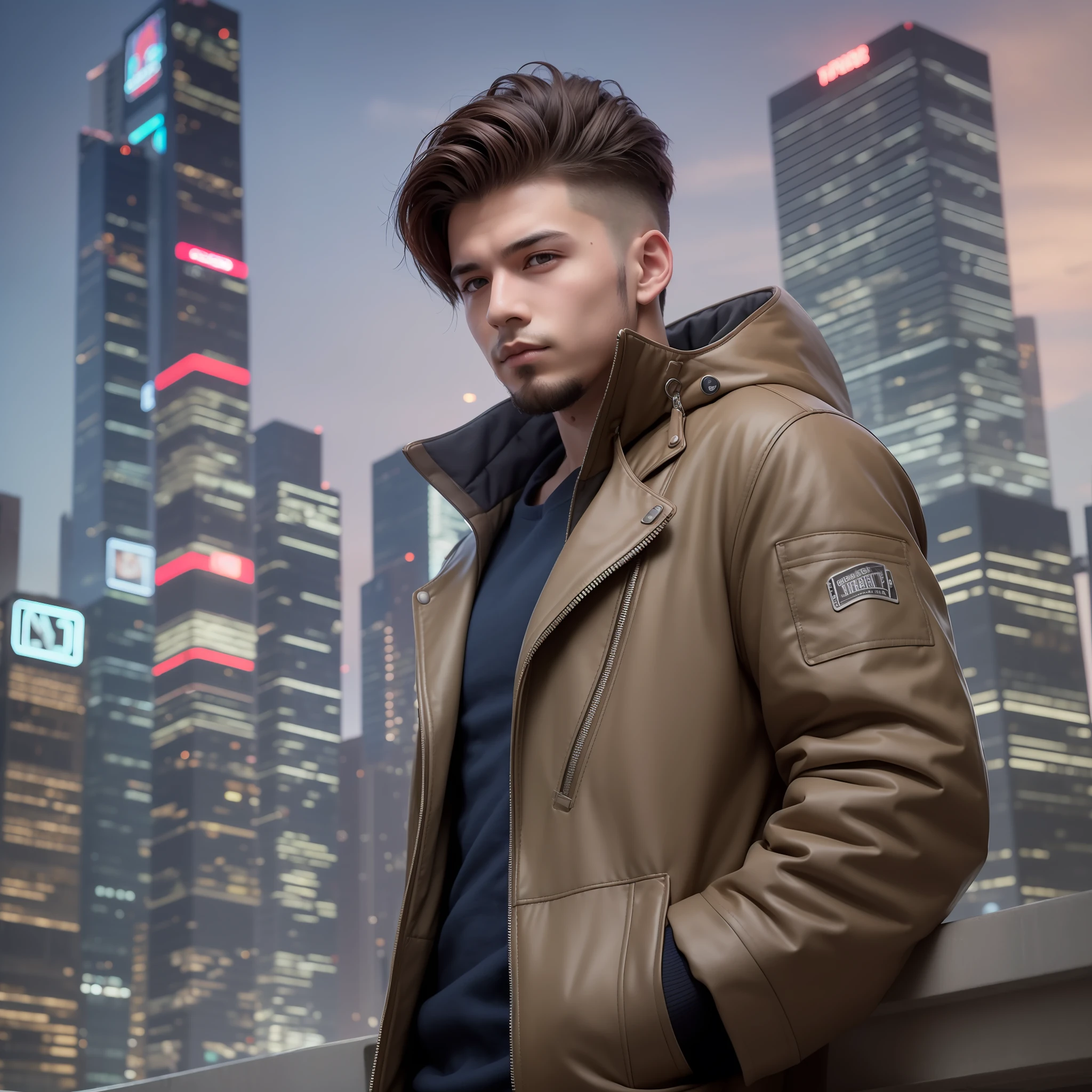 A handsome 18 years old boy with pump jacket and some bearded in his face, stylish hair, cyberpunk, ultra realistic, 8k, city in background, cute face, facemask,