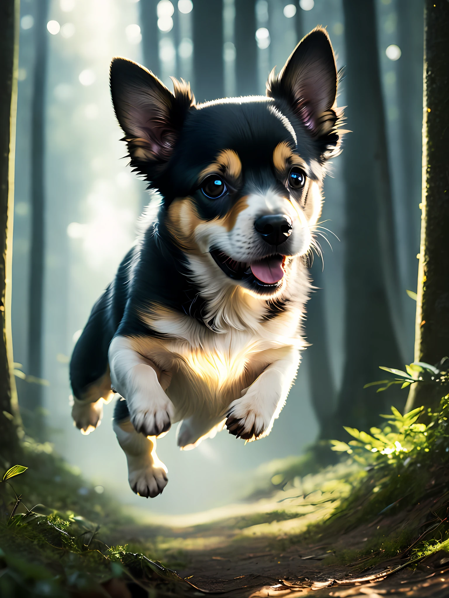 close up photo of a very cute jumping puppy in the forest, soft volumetric lights, (backlit:1.3), (cinematic:1.2), intricate details, (ArtStation:1.3), Rutkowski