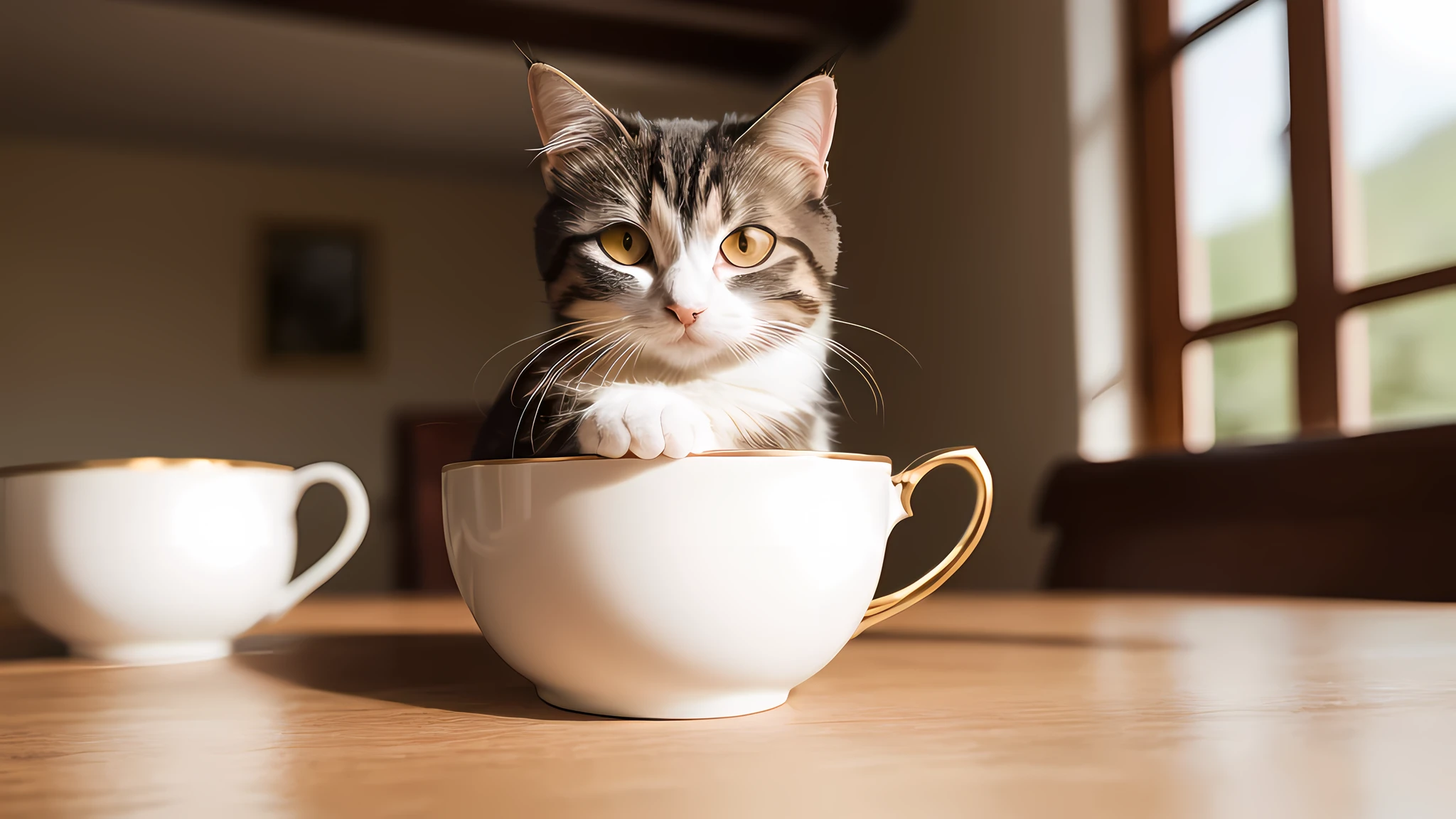 Cat, (Himalayan), (Small)))), in a teacup, Face, Front paws out, 8K, Professional photo, Delicate, Clear, On the table, Inside the house, Sunshine, Light Leak, Masterpiece, ((Pretty))), Fashionable Teacup, (Reality), Plush Toy, Round Pupils