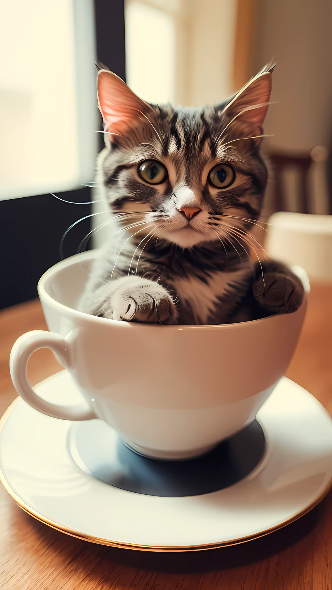 Cat, (Himalayan), (Small)))), in a teacup, Face, Front paws out, 8K, Professional photo, Delicate, Clear, On the table, Inside the house, Sunshine, Light Leak, Masterpiece, ((Pretty))), Fashionable Teacup, (Reality), Plush Toy, Round Pupils