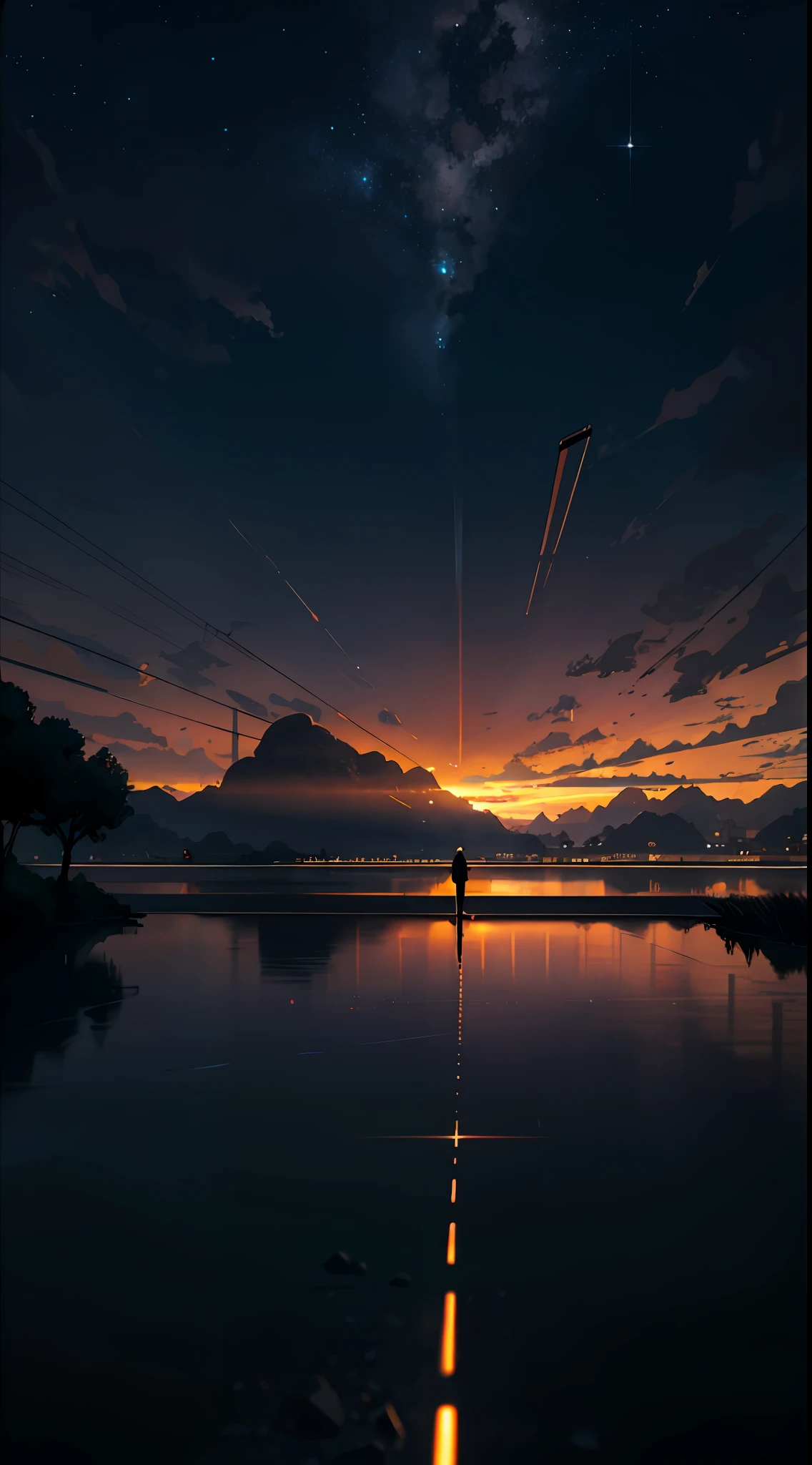 High quality masterpiece, landscape, anime train passing through bodies of water on tracks, bright starry sky. Romantic train, pixiv, concept art, lofi art style, reflection. by Makoto Shinkai, lofi art, Beautiful anime scene, Anime landscape, detailed scenery —width 672, in style of Makoto shinkai, style of Makoto shinkai, enhanced details.