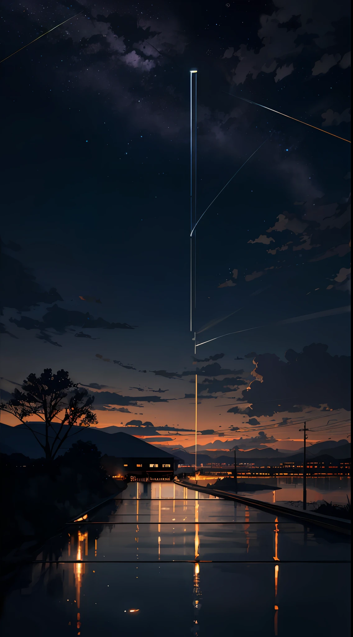 High quality masterpiece, landscape, anime train passing through bodies of water on tracks, bright starry sky. Romantic train, pixiv, concept art, lofi art style, reflection. by Makoto Shinkai, lofi art, Beautiful anime scene, Anime landscape, detailed scenery —width 672, in style of Makoto shinkai, style of Makoto shinkai, enhanced details.