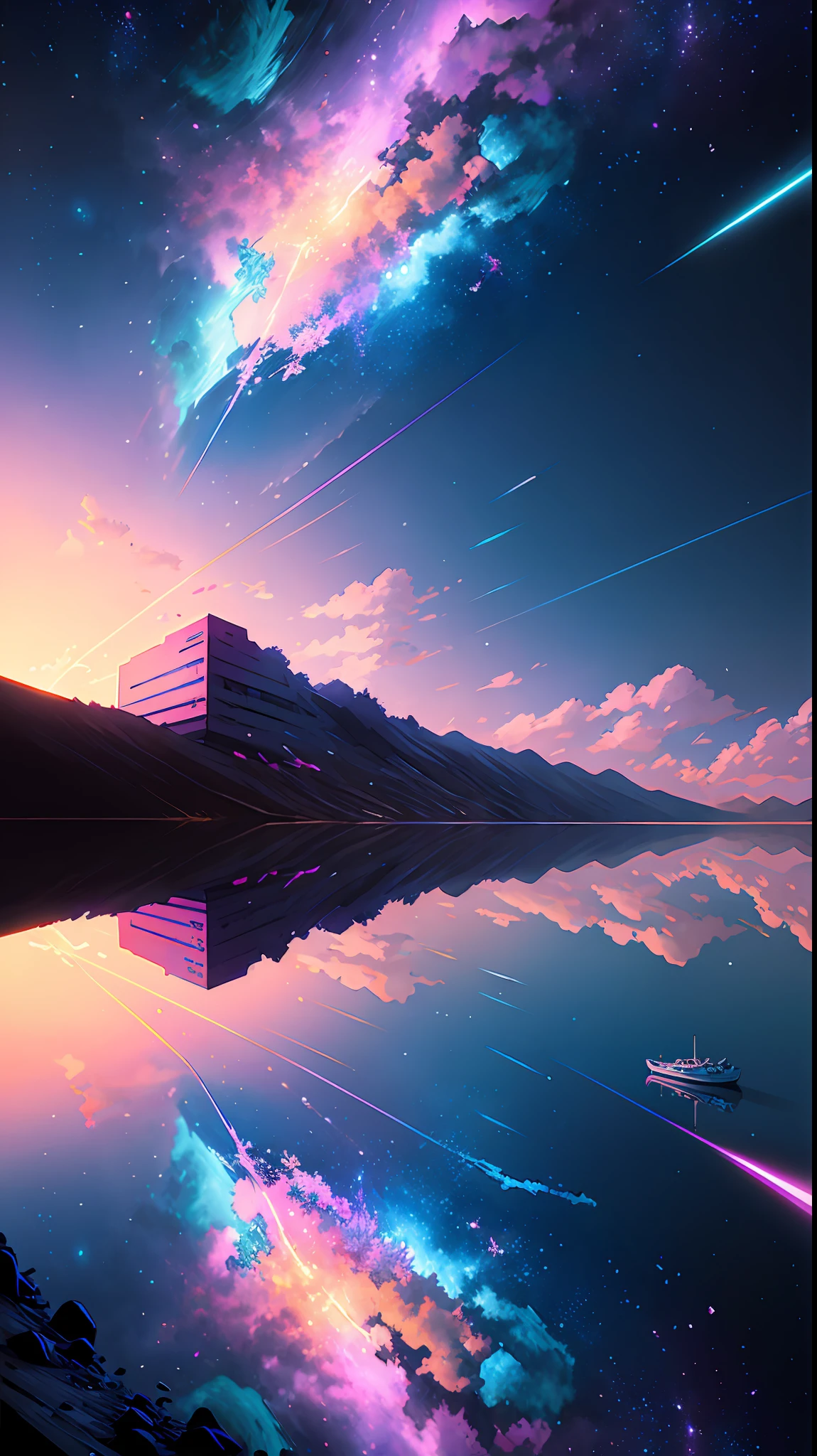 High quality masterpiece, landscape, anime train passing through bodies of water on tracks, bright starry sky. Romantic train, pixiv, concept art, lofi art style, reflection. by Makoto Shinkai, lofi art, Beautiful anime scene, Anime landscape, detailed scenery —width 672, in style of Makoto shinkai, style of Makoto shinkai, enhanced details.