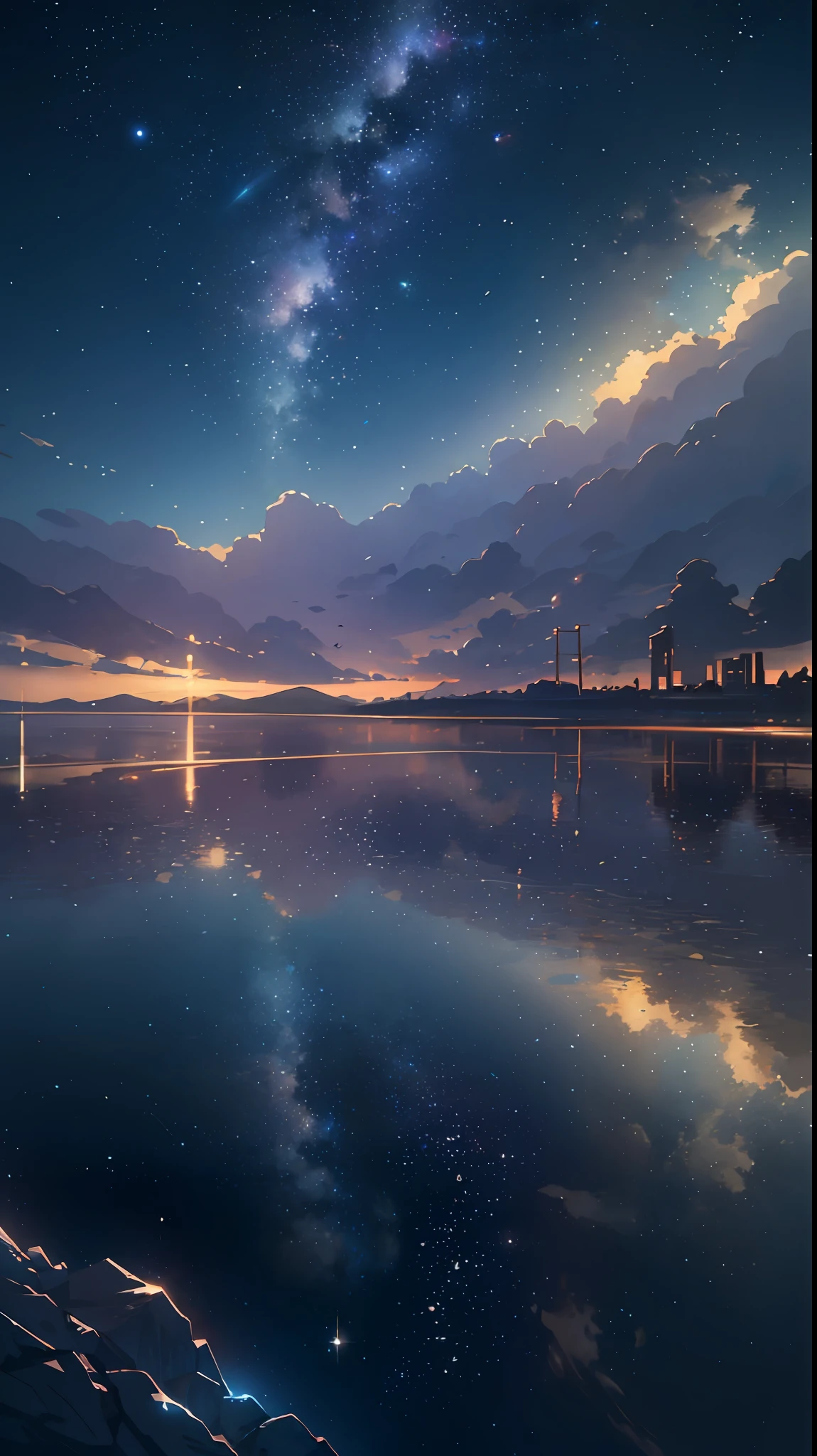 High quality masterpiece, landscape, anime train passing through bodies of water on tracks, bright starry sky. Romantic train, pixiv, concept art, lofi art style, reflection. by Makoto Shinkai, lofi art, Beautiful anime scene, Anime landscape, detailed scenery —width 672, in style of Makoto shinkai, style of Makoto shinkai, enhanced details.