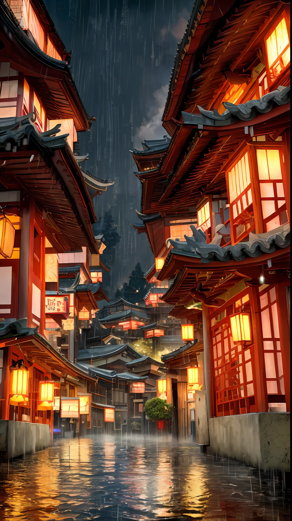 arafed view of a village with a lot of lights on the buildings, dreamy chinese town, chinese village, amazing wallpaper, japanese town, japanese village, hyper realistic photo of a town, old asian village, japanese city, by Raymond Han, rainy evening, cyberpunk chinese ancient castle, beautifully lit buildings, at evening during rain, beautiful and aesthetic, photography, cinematic, 8k, high detailed ((Heavy rain)))