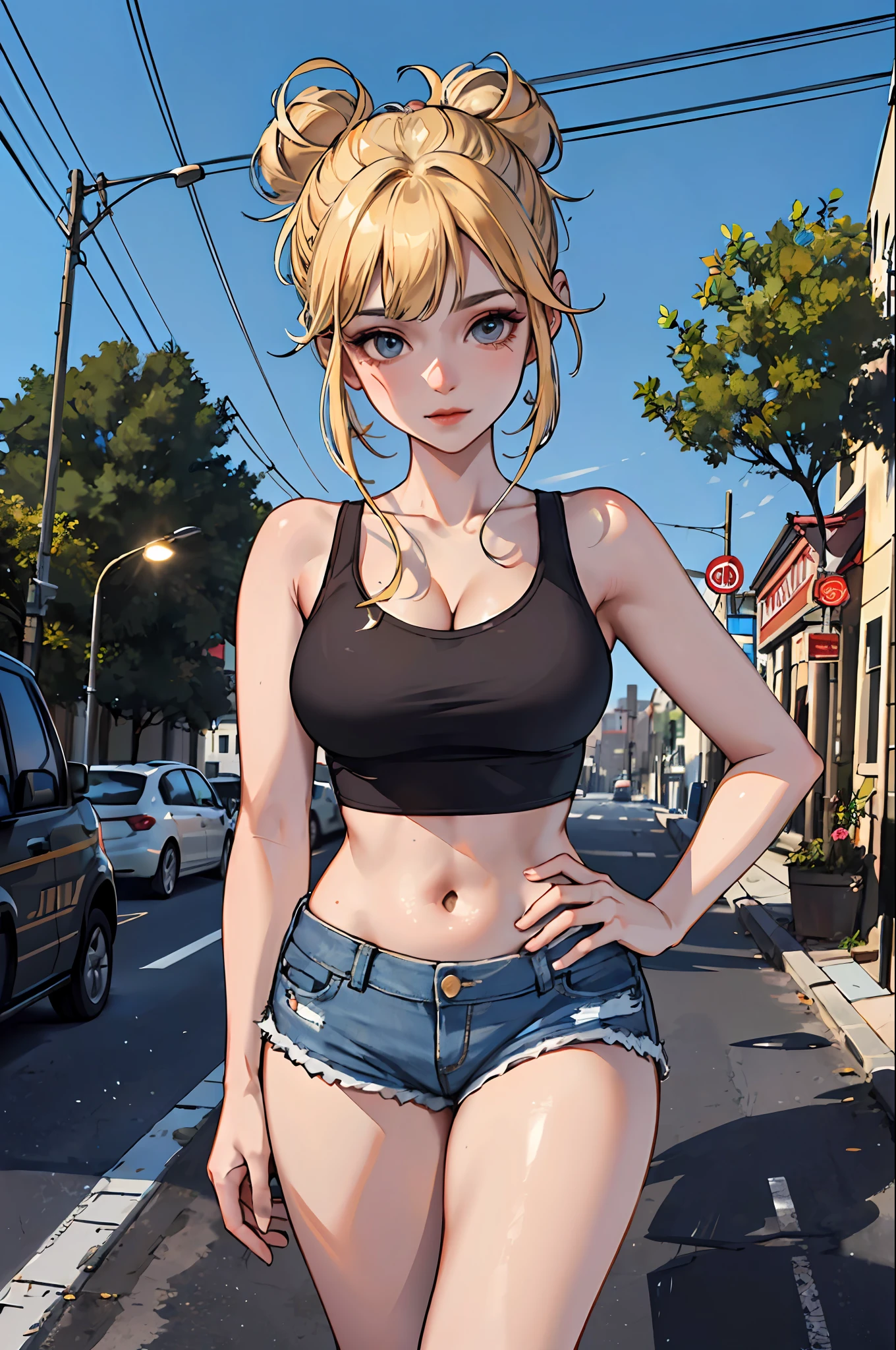((8k uhd, 8k Wallpaper, extremely detailed CG unity 8k wallpaper), (High Quality, Ultra Quality, High resolution), (trending on art station), (detailed, intricate details, detailed background, detailed face, detailed skin), (masterpiece, best quality, ultra-detailed, best illustration, best shadow)), BREAK, ((1girl, solo):1.1), ((blonde hair, strawberry blonde hair, dirty blonde hair):0.9), (Space buns hairstyle, double buns hairstyle, messy hair), (makeup), (crop top, cutoff shirt, cleavage), (shorts, denim shorts, jean shorts), (Sneakers, high top sneakers), ((wide hips, chubby thighs):1.1), BREAK, (Detailed Street, detailed street signs, Detailed light poles, Detailed trees, detailed flowers, Detailed windows, Detailed shops, Detailed sidewalk)