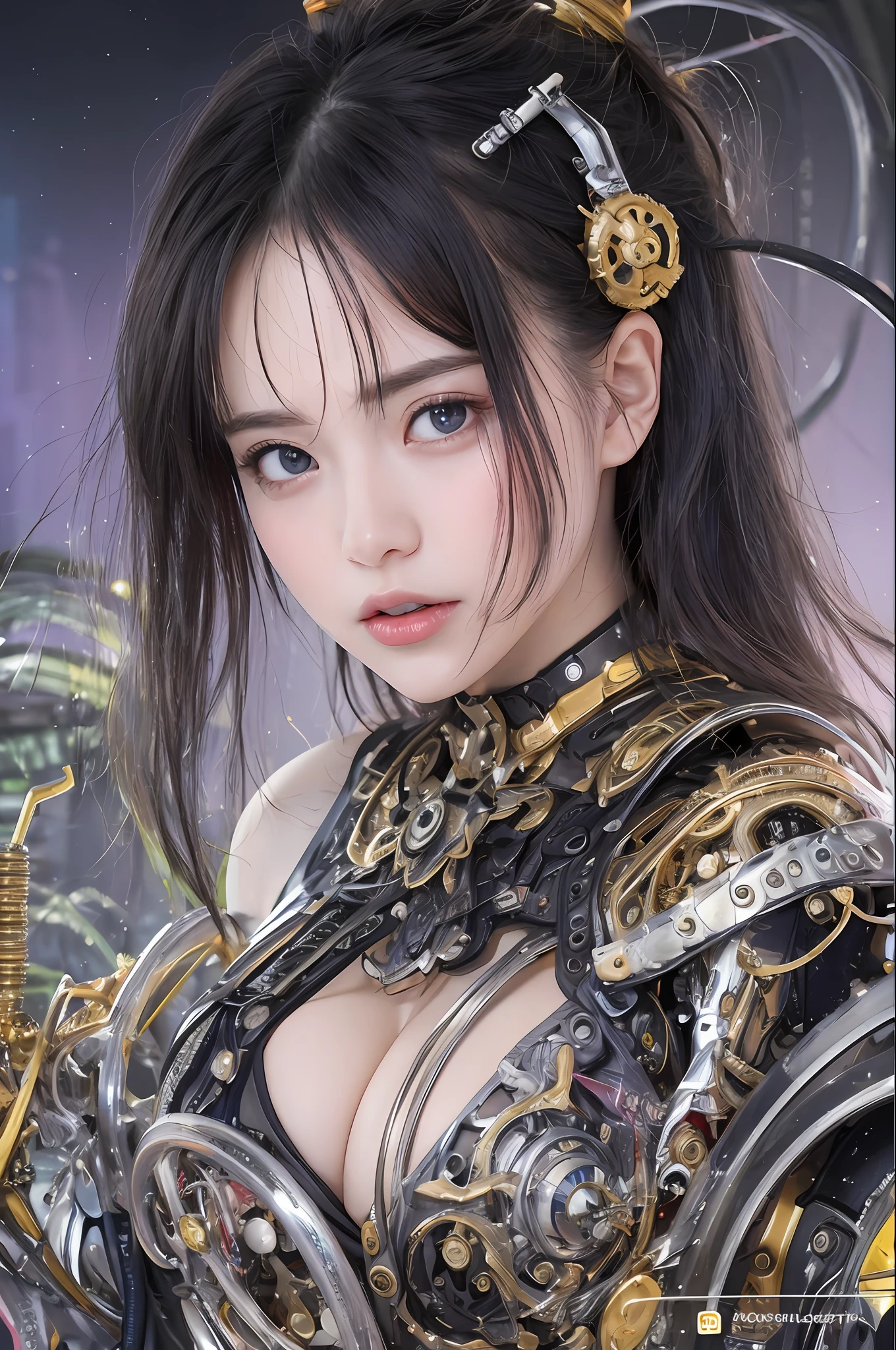 最好质量、巨作、ultra-high-resolution、(photoreallistic:1.4)、Raw photo、1人、Black hair、glowy skin、Cyberpunk Girl、((hyper realistic detail))、portlate、Global Illumination、Shadow、octane rend、in 8K、ultrasharp、big tit、Raw skin is exposed in cleavage、metals、Details of complex ornaments、Indian Hindu Detail、Luminous tube、Analog Meter、cog、gear、Golden hydraulic cylinder、hyper intricate details、Realistic light、CGSoation Trends、purple colored eyes、eyes glowing、Facing the camera、neon details、Mechanical limbs、blood vessels connected to tubes、Mechanical vertebrae attached to the back、mechanical cervical attaching to neck、sitting on、Wires and cables connecting to the head、Small LED lamp、