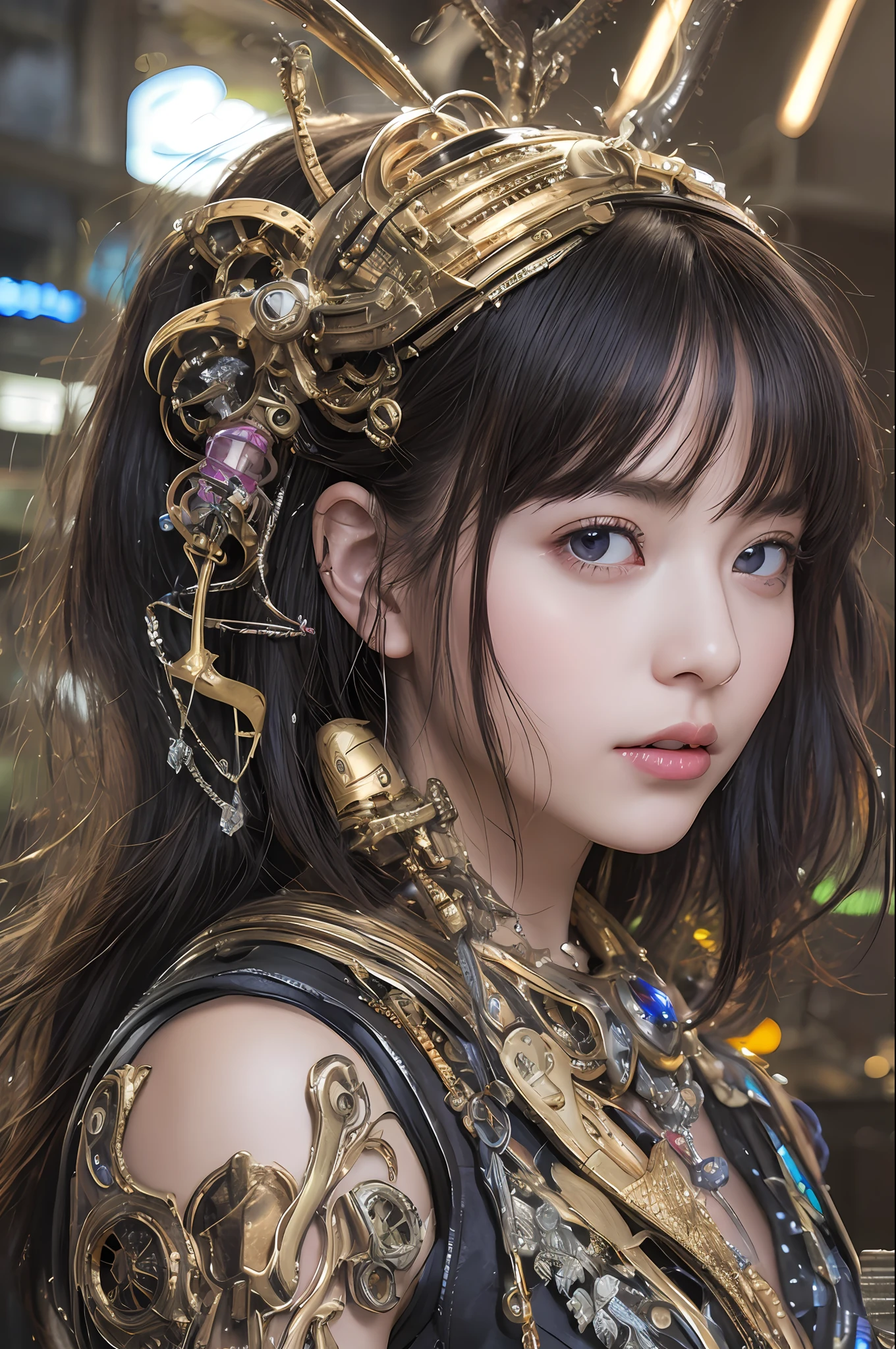最好质量、巨作、ultra-high-resolution、(photoreallistic:1.4)、Raw photo、1人、Black hair、glowy skin、Cyberpunk Girl、((hyper realistic detail))、portlate、Global Illumination、Shadow、octane rend、in 8K、ultrasharp、big tit、Raw skin is exposed in cleavage、metals、Details of complex ornaments、Indian Hindu Detail、Luminous tube、Analog Meter、cog、gear、Golden hydraulic cylinder、hyper intricate details、Realistic light、CGSoation Trends、purple colored eyes、eyes glowing、Facing the camera、neon details、Mechanical limbs、blood vessels connected to tubes、Mechanical vertebrae attached to the back、mechanical cervical attaching to neck、sitting on、Wires and cables connecting to the head、Small LED lamp、