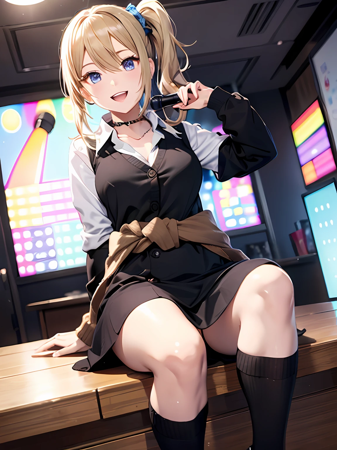 (mastaer piece:1.3)、(最好质量:1.4)、Hi-Res、NNSFW、in 8K resolution、1girl in, Solo, hayasaka ai, Blue scrunchie,(Side Ponytail), Hair Between Eyes, Blue Eyes, Blonde hair, Hair Ornament, Breasts, School Uniform, collared shirt, hair scrunchie, clothes around waist, Bangs, Black socks, Black vest, Long hair, Long sleeves, cardigan, side locks, knee high, dress shirts, Necklace, collar bone, Black dress, Jewelry, Light brown sweater、Singing at karaoke、Cute smile、