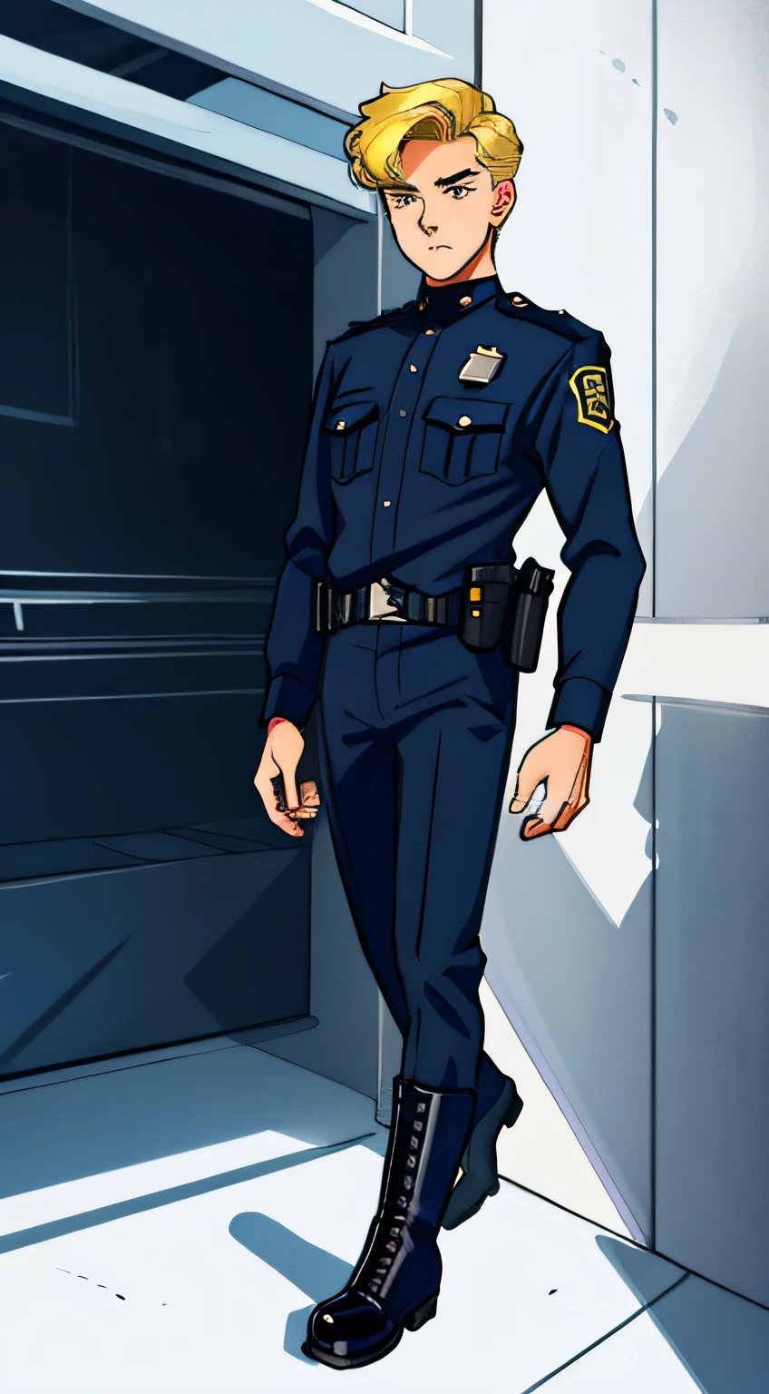 classic 80s cartoon, stunning man, blond, 25 years old, uniformed policeman, hair without hat, [full body], standing, looking straight at viewer, wears police uniform and (black boots) color illustration for children's book , full body.