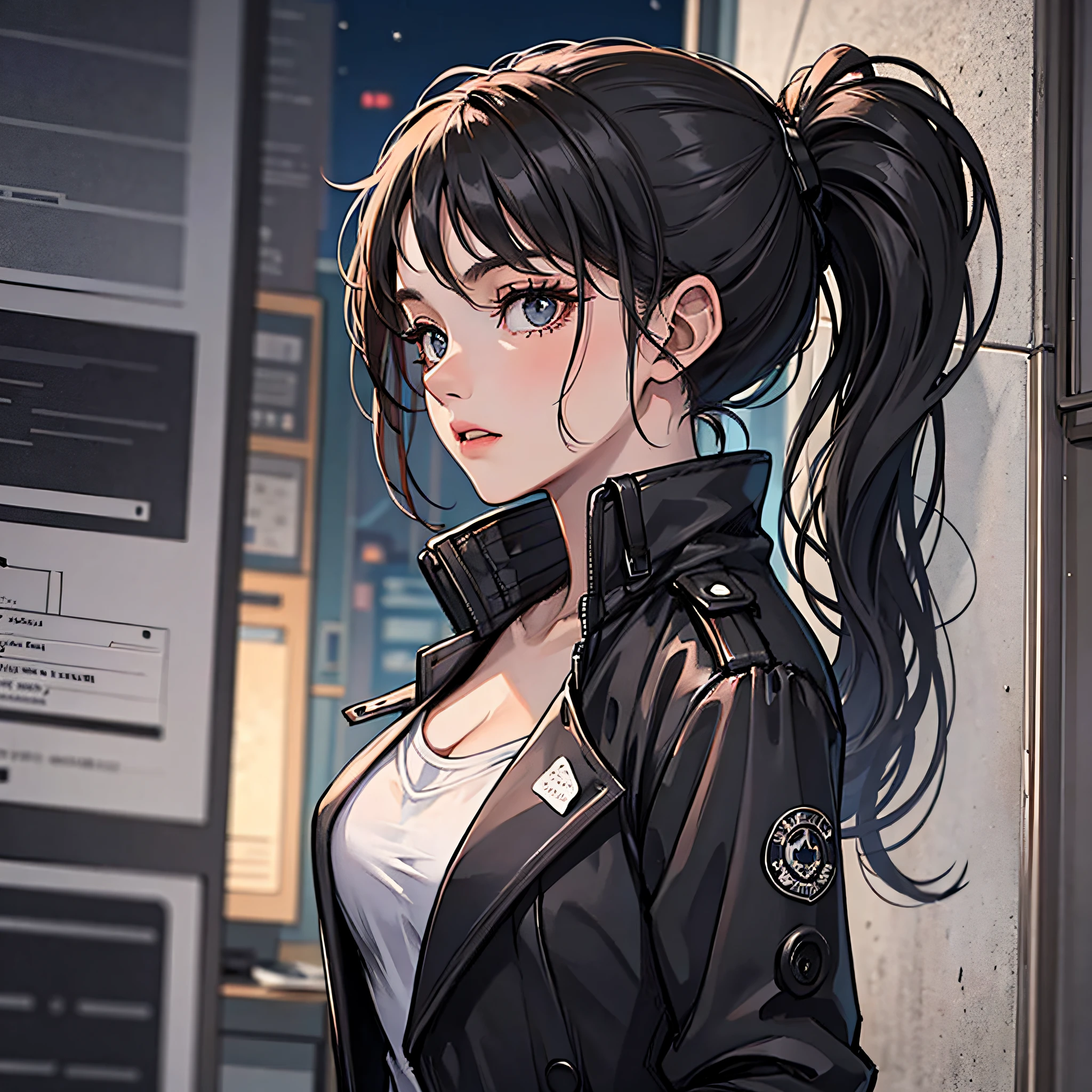 A woman with a black ponytail，Wear a black trench coat，the night，hospitals，Lab Room