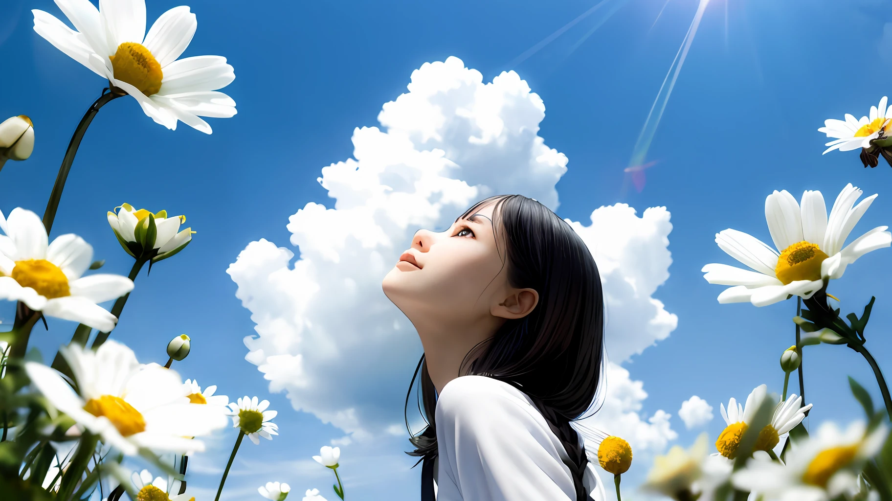 巨作、(photoreallistic:1.4)、最好质量、beautiful  lighting、(ulzzang-6500:0.5)、Makima \(chainsawman\)、(Bob hair)+(black har)+(bangss)、blue eyed、blue eyed、((Ring-shaped eyes))、RAW Photography、8k UHD、film grains(巨作、最好质量)、florals、exteriors、letterbox、student clothes、daytime、skyward、look up to、the clouds、sunlight、White shirt、serafuku、Upper body body、from side、from side、pink flowers、Blurring、A blue sky、depth of ﬁeld