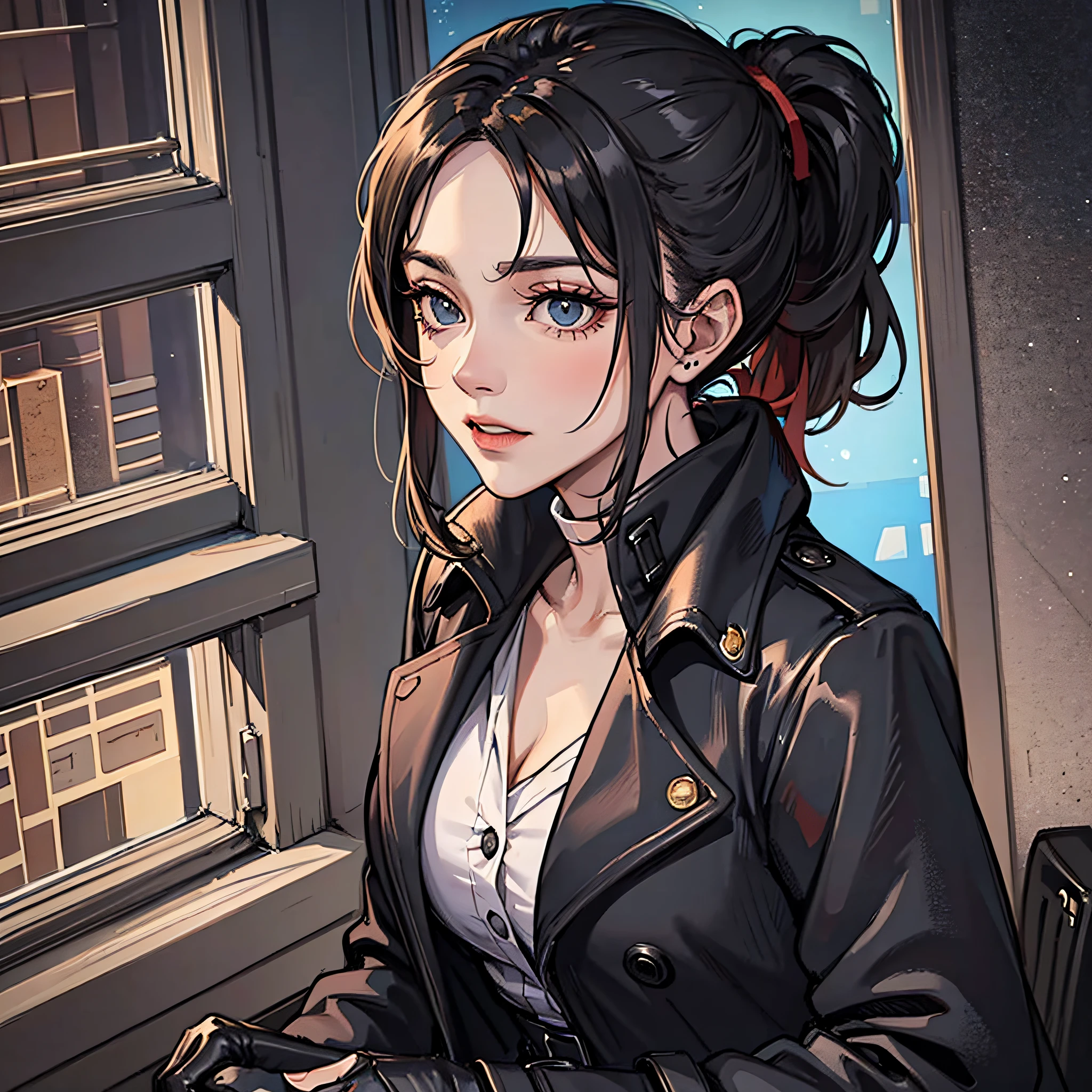A woman with a black ponytail,Wear a black trench coat,the night,hospitals,Lab Room