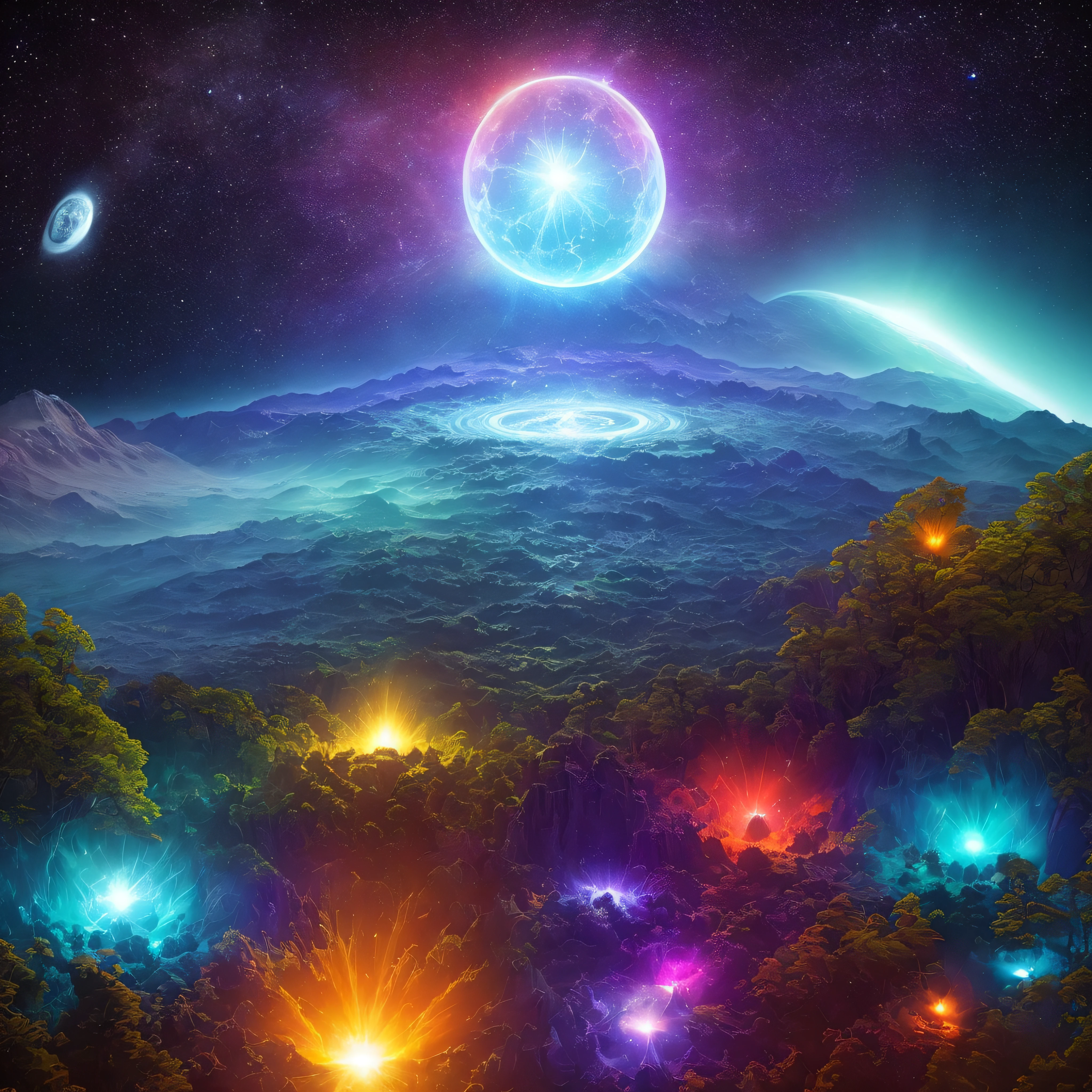 Create an image where the main focus is a magical mushroom and the Ayahuasca plant, representing their roots. In the background of the image, depict a cosmic and quantum universe with bright stars and deep navy blue nebulae. Add flares of light spreading throughout the image, creating a sense of energy and enchantment.

Surrounding the mushroom and Ayahuasca, illustrate a lush forest with tall trees and vibrant vegetation. Nature should overflow with life and vibrant colors, evoking a feeling of peace and joy. You can include animals such as colorful birds flying and butterflies dancing among the plants.

At strategic points in the image, place portals opening to other dimensions, symbolizing the interconnectedness of the multiverse. These portals can be depicted as glowing circles or intricate geometric shapes emanating energy.

To complete the image, incorporate the vibration of the OM mantra. You can represent it as sound waves or floating words in Sanskrit letters. Ensure that the image conveys a sense of harmony and balance, with all elements converging at a single point.

Remember to emphasize details, creating an image rich in textures and nuances. Utilize a vibrant color palette with contrasting warm and cool tones to create a captivating visual effect.

May your creation overflow with magic, peace, and joy, bringing a sense of connection to the universe and its infinite multiverses." --auto