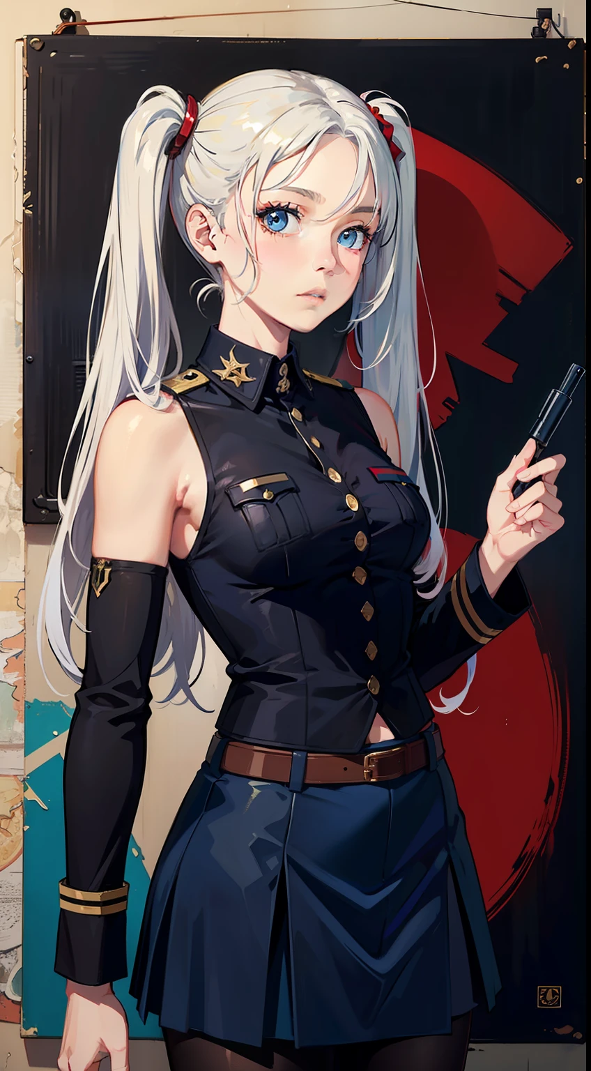 (soviet style:1),oil painting,photorealistic,masterpiece,best quality,highres,poster,
1girl,upper body,(slim:1.4),white hair,extremely long twintails,blue eyes,military uniform,military skirt,black pantyhose,loafers,
(tank:1.4),medium shot,