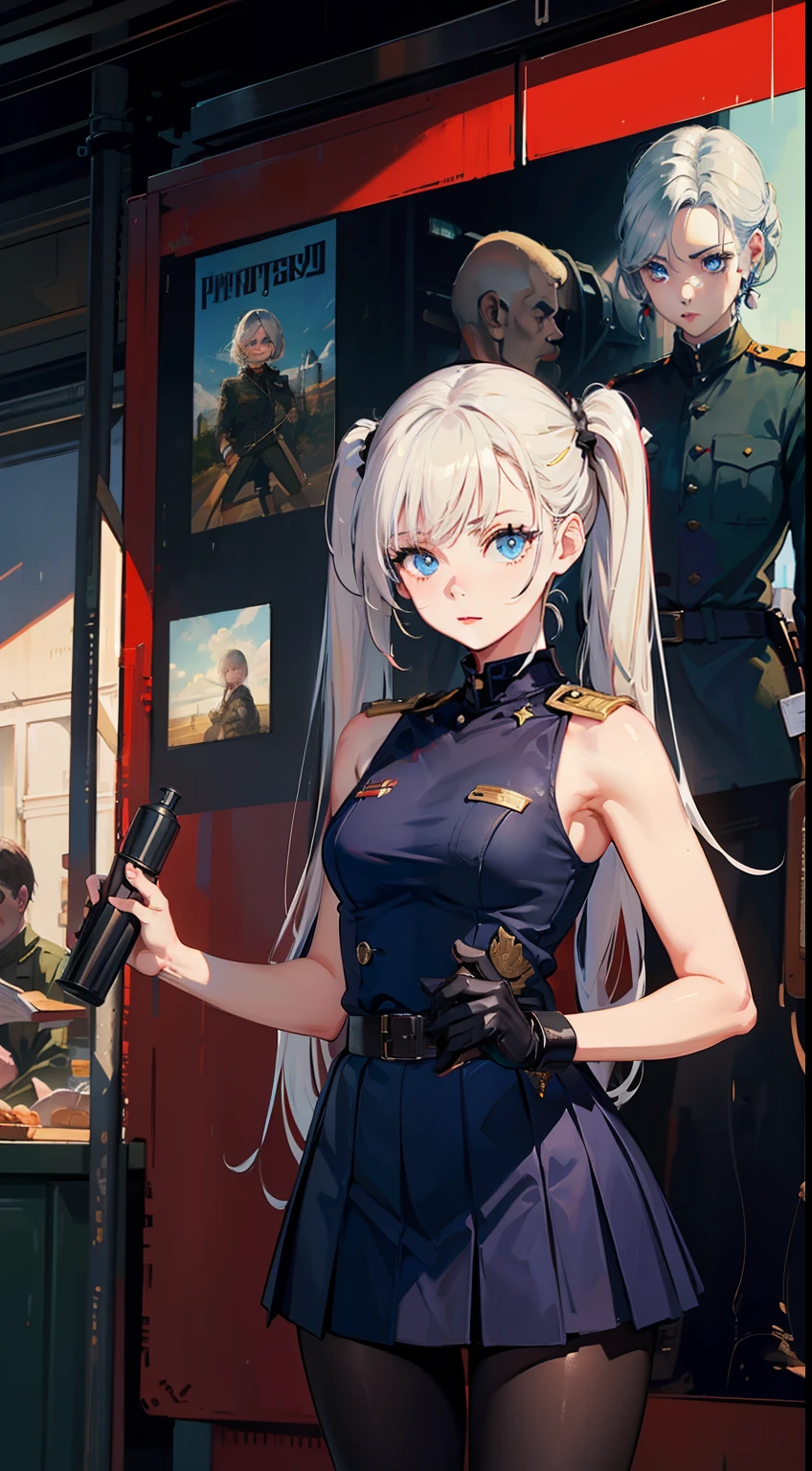 (soviet style:1),oil painting,photorealistic,masterpiece,best quality,highres,poster,
1girl,upper body,(slim:1.4),white hair,extremely long twintails,blue eyes,military uniform,military skirt,black pantyhose,loafers,
(tank:1.4),medium shot,