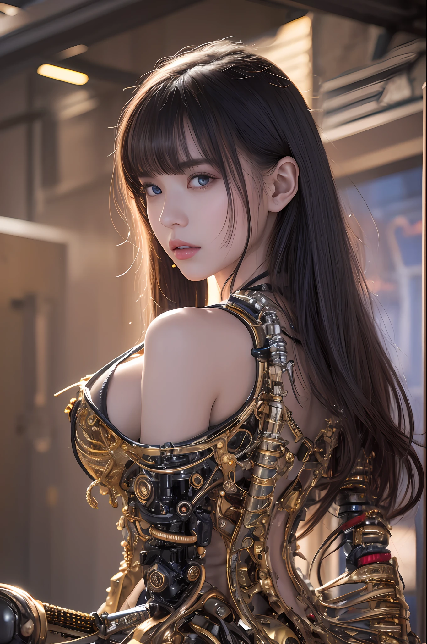 最好质量、巨作、ultra-high-resolution、(photoreallistic:1.4)、Raw photo、女の子1人、Black hair、glowy skin、Cyberpunk Girl、((hyper realistic detail))、portlate、Global Illumination、Shadow、octane rend、in 8K、ultrasharp、big tit、Raw skin is exposed in cleavage、metals、Details of complex ornaments、Indian Hindu Detail、Luminous tube、Analog Meter、cog、gear、Golden hydraulic cylinder、hyper intricate details、Realistic light、CGSoation Trends、purple colored eyes、eyes glowing、Facing the camera、neon details、Mechanical limbs、blood vessels connected to tubes、Mechanical vertebrae attached to the back、mechanical cervical attaching to neck、sitting on、Wires and cables connecting to the head、Small LED lamp、