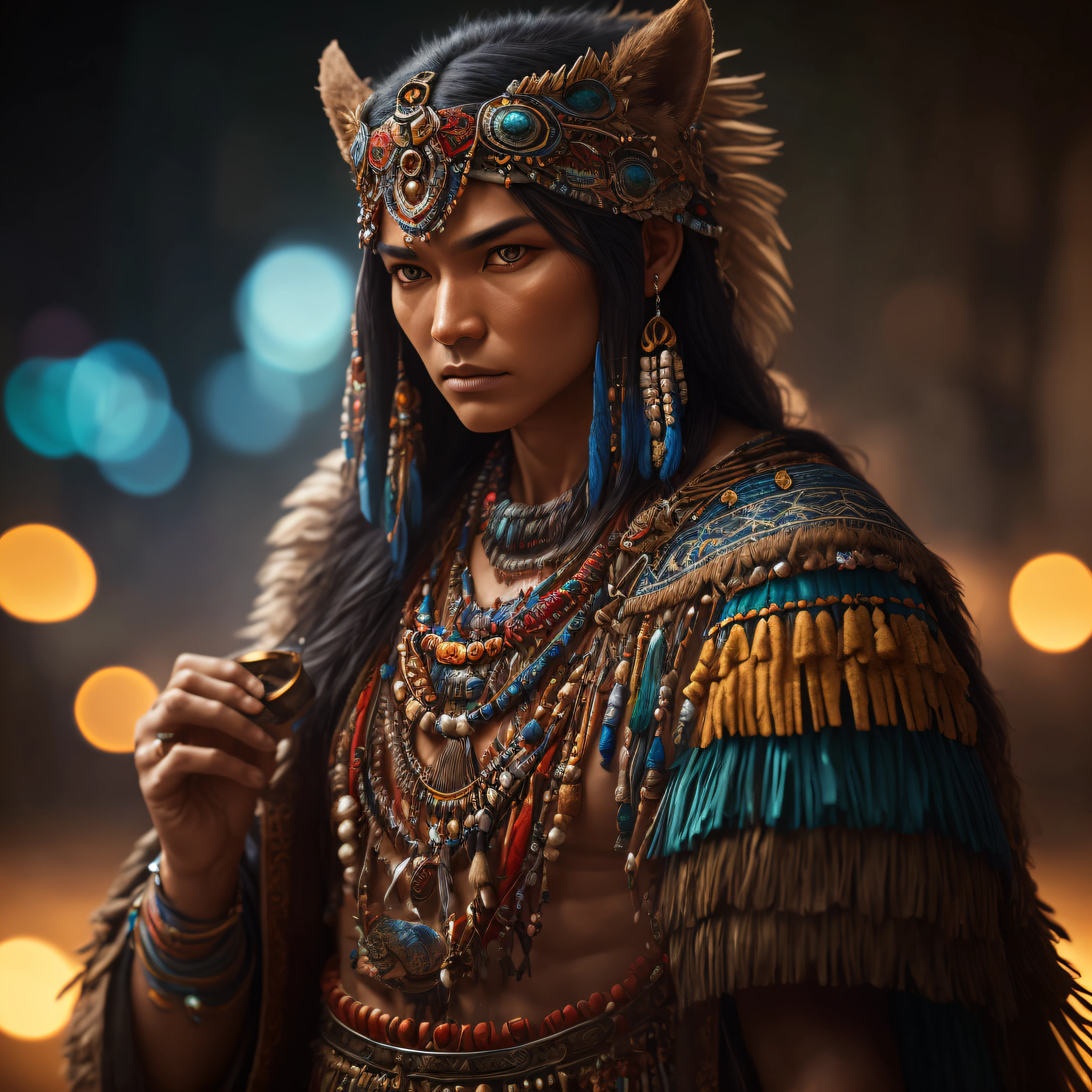shaman with a jaguar (highly detailed skin:1.0), (masterpiece:1.2) (photorealistic:1.2) (bokeh) (best quality) (intricate details) (8k) (HDR) (analog film) (canon d5) (cinematic lighting) (sharp focus), --auto