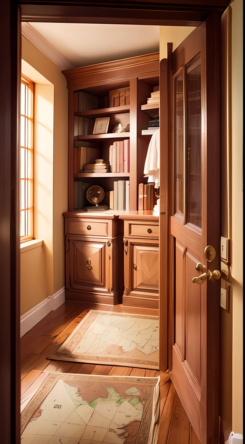 When they opened the attic door, foram surpreendidos por uma sala cheia de velas acesas e objetos estranhos. No meio da sala, There was an old book open on a page with a mysterious map drawn.