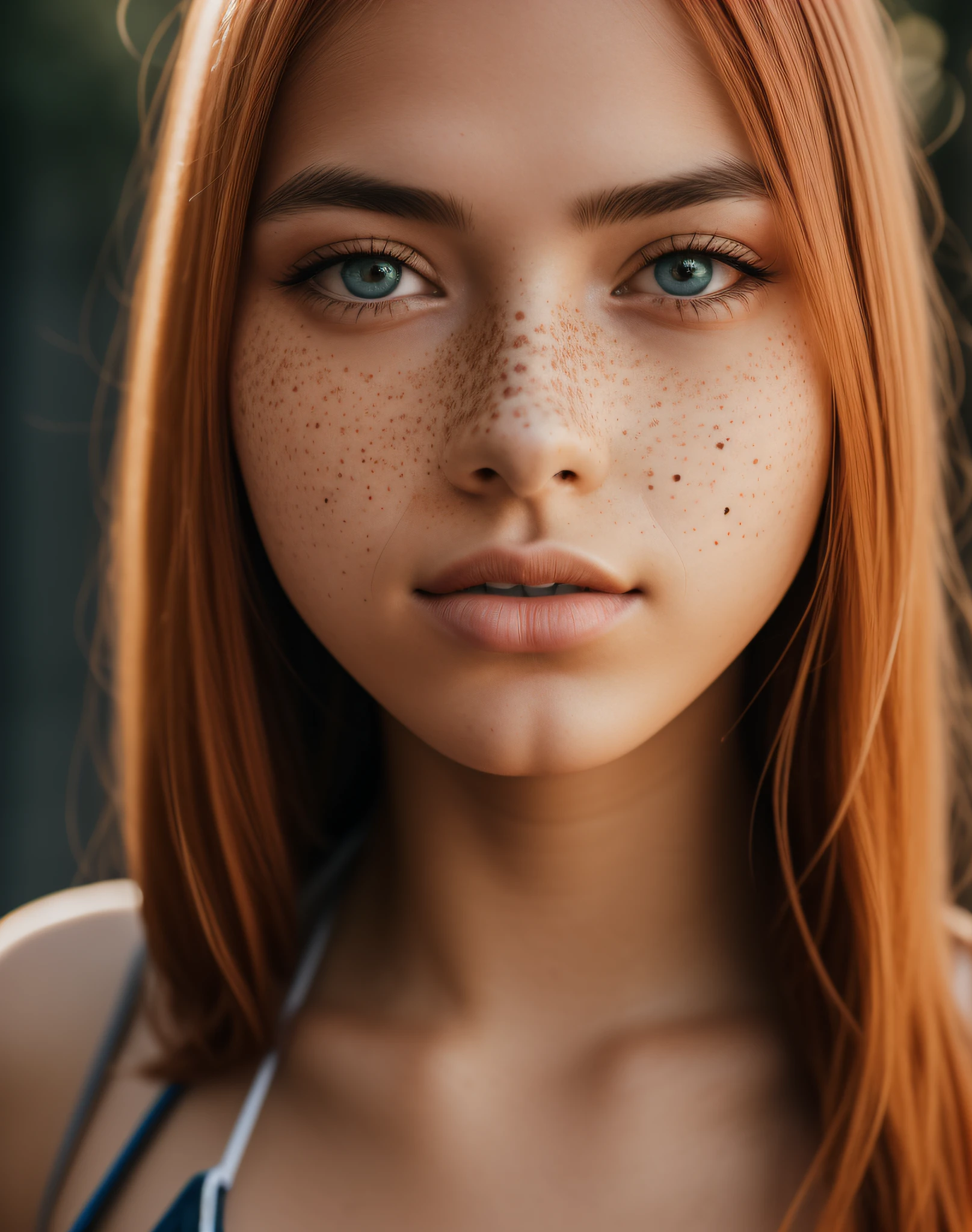 a 20 year old girl with brown eyes, orange hair and freckles on her skin, professional color grading, soft shadows, no contrast, clean sharp focus, film photography –q 2 –s 750 –v 5