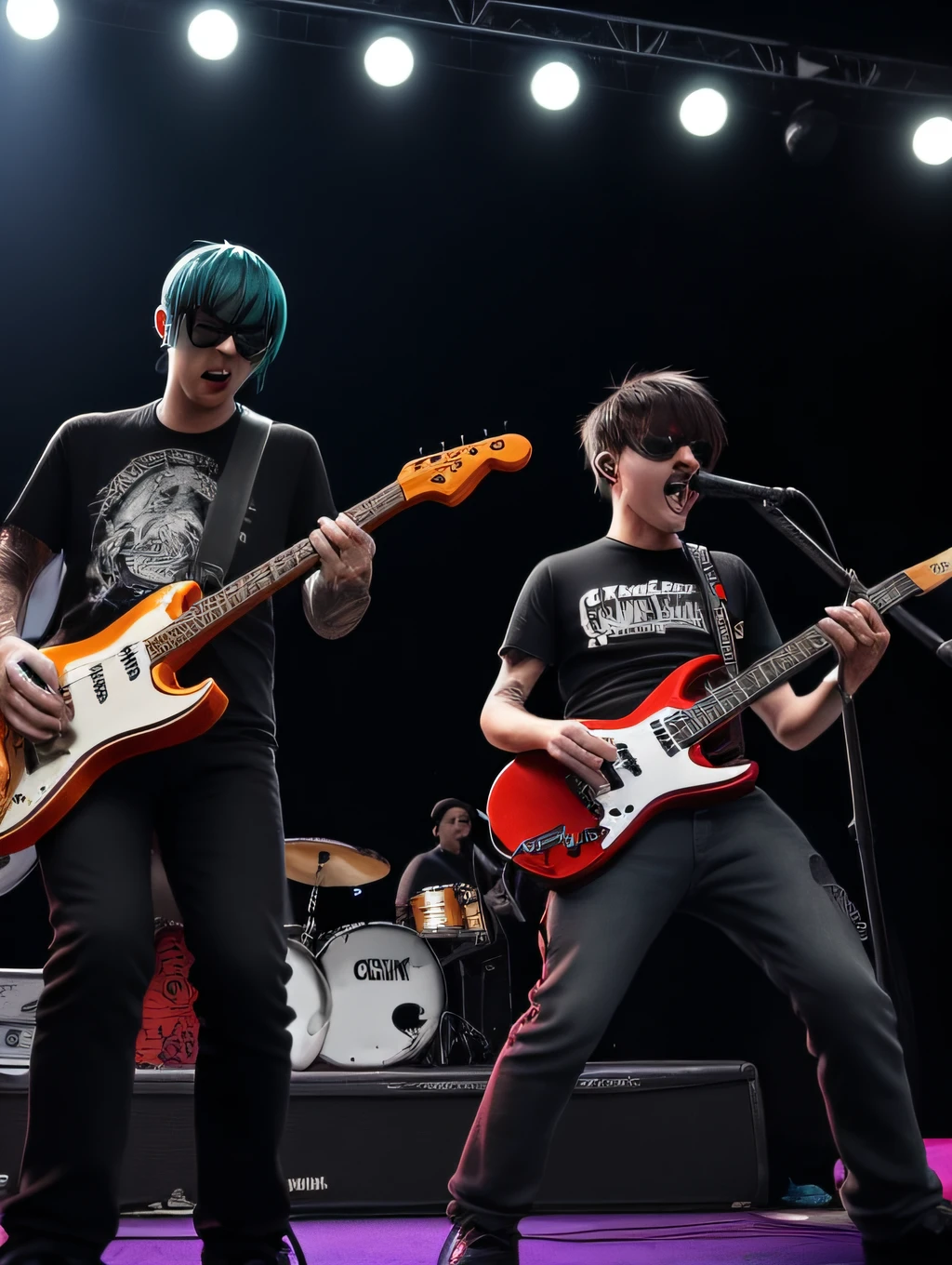 foto de 3 punks muito loucos em desenho animado hardcore grunge 8k, estilo gorillaz, um tocando guitarra, outro tocando baixo e um tocando bateria no centro ao fundo, They're on a stage with huge sound and a crazed crowd enjoying the sound