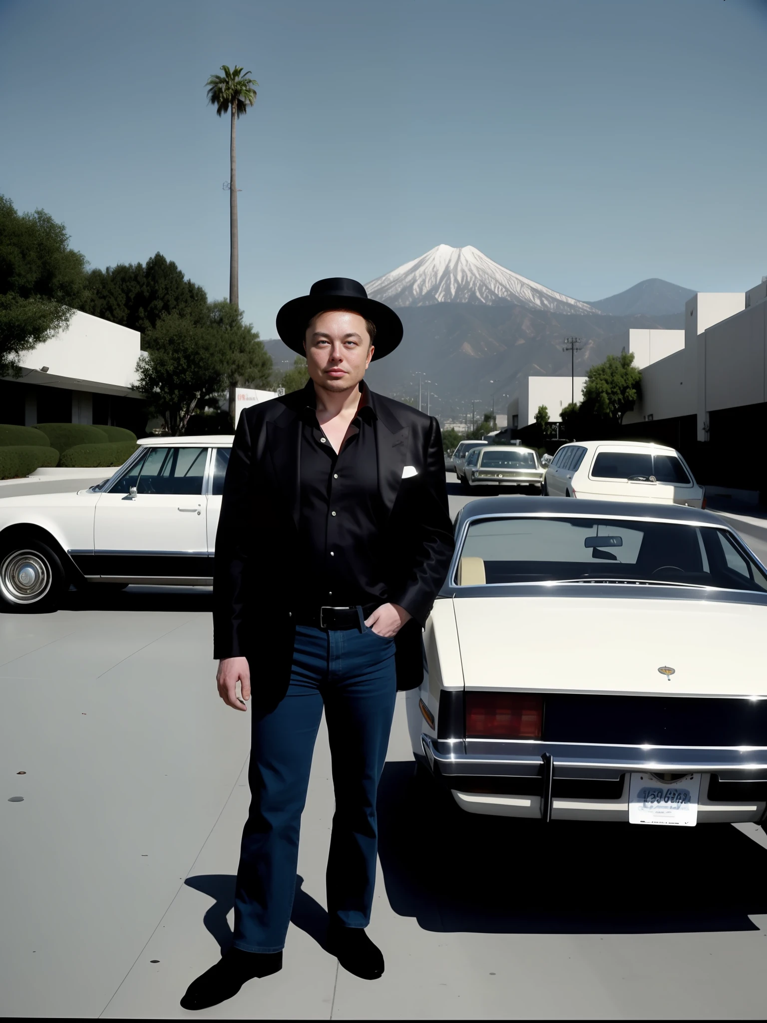 elon musk in the 1970s as pimp in san fernando valley, leaning against his car, wearing a fancy dress with hat, movie shot