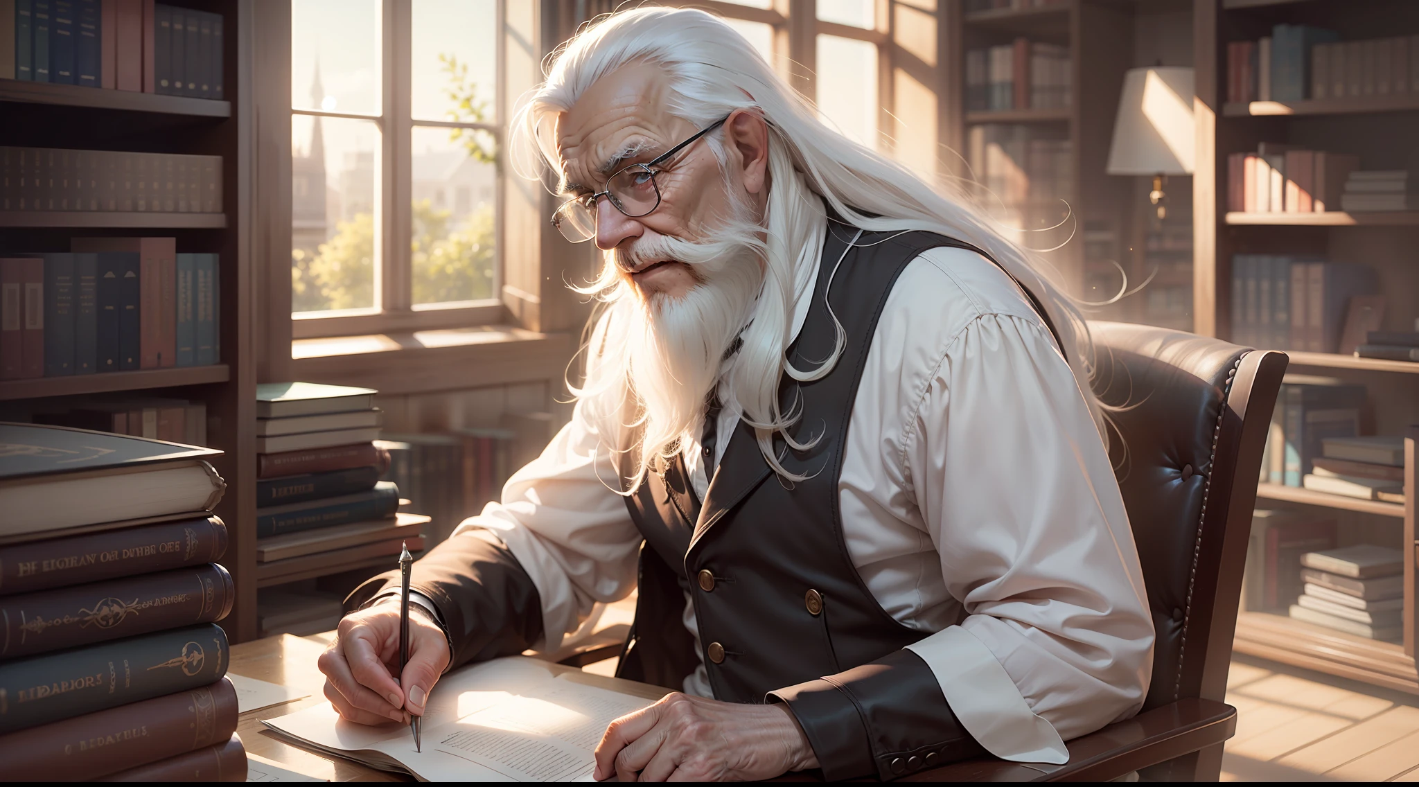 Elder man seated on a chair, old and wrinkled, long white hair and beard, library, large window in background, fantasy, wonder, amazing, bright office or study, backlighting, bloom, light sparkles, sharp focus, 8k