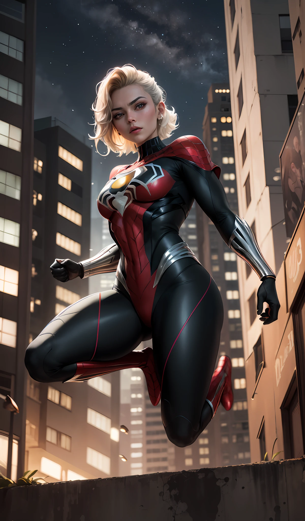 Sakura Kinomoto, estilo Clamo, (Obra-prima, 4K resolution, ultrarrealista, muito detalhado), (white superhero theme, charismatic, There's a girl at the top of town, vestindo traje de Homem-Aranha, She's a superhero), [ ((25 anos), (longos cabelos brancos:1.2), corpo inteiro, (olhos azuis:1.2), ((pose do Homem-Aranha),demonstration of strength, jump from one building to another), ((ambiente urbano arenoso):0.8)| (paisagem urbana, in the nighttime, dynamic lights), (lua cheia))] # Explanation: Prompt primarily describes an ultra-high-definition 4K paint job, muito realista, muito detalhada. It shows a superheroine at the top of the city, vestindo um traje do Homem-Aranha. The theme in the painting is a white superhero theme, a protagonista feminina tem longos cabelos brancos, He is 25 years old and his entire body is shown in the painting. In terms of portraying the actions of superheroines, spiders are employed