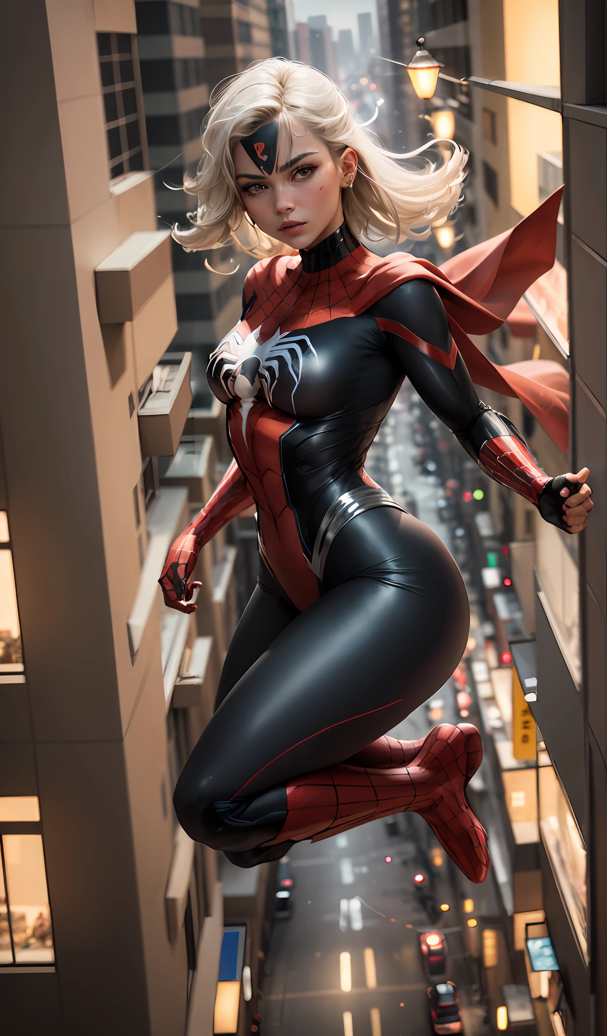 Sakura Kinomoto, estilo Clamo, (Obra-prima, 4K resolution, ultrarrealista, muito detalhado), (white superhero theme, charismatic, There's a girl at the top of town, vestindo traje de Homem-Aranha, She's a superhero), [ ((25 anos), (longos cabelos brancos:1.2), corpo inteiro, (olhos azuis:1.2), ((pose do Homem-Aranha),demonstration of strength, jump from one building to another), ((ambiente urbano arenoso):0.8)| (paisagem urbana, in the nighttime, dynamic lights), (lua cheia))] # Explanation: Prompt primarily describes an ultra-high-definition 4K paint job, muito realista, muito detalhada. It shows a superheroine at the top of the city, vestindo um traje do Homem-Aranha. The theme in the painting is a white superhero theme, a protagonista feminina tem longos cabelos brancos, He is 25 years old and his entire body is shown in the painting. In terms of portraying the actions of superheroines, spiders are employed