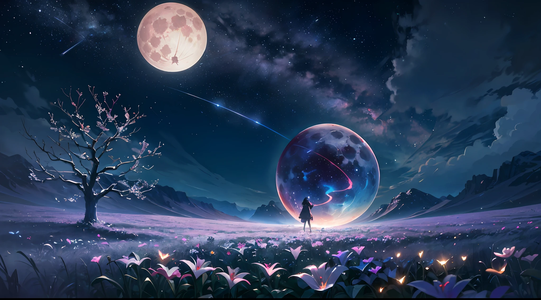 expansive landscape photograph , (a view from below that shows sky above and open field below), a girl standing on flower field looking up, (full moon:1.2), ( shooting stars:0.9), (nebula:1.3), distant mountain, tree BREAK
production art, (warm light source:1.2), (Firefly:1.2), lamp, lot of purple and orange, intricate details, volumetric lighting, realism BREAK
(masterpiece:1.2), (best quality), 4k, ultra-detailed, (dynamic composition:1.4), highly detailed, colorful details,( iridescent colors:1.2), (glowing lighting, atmospheric lighting), dreamy, magical, (solo:1.2)