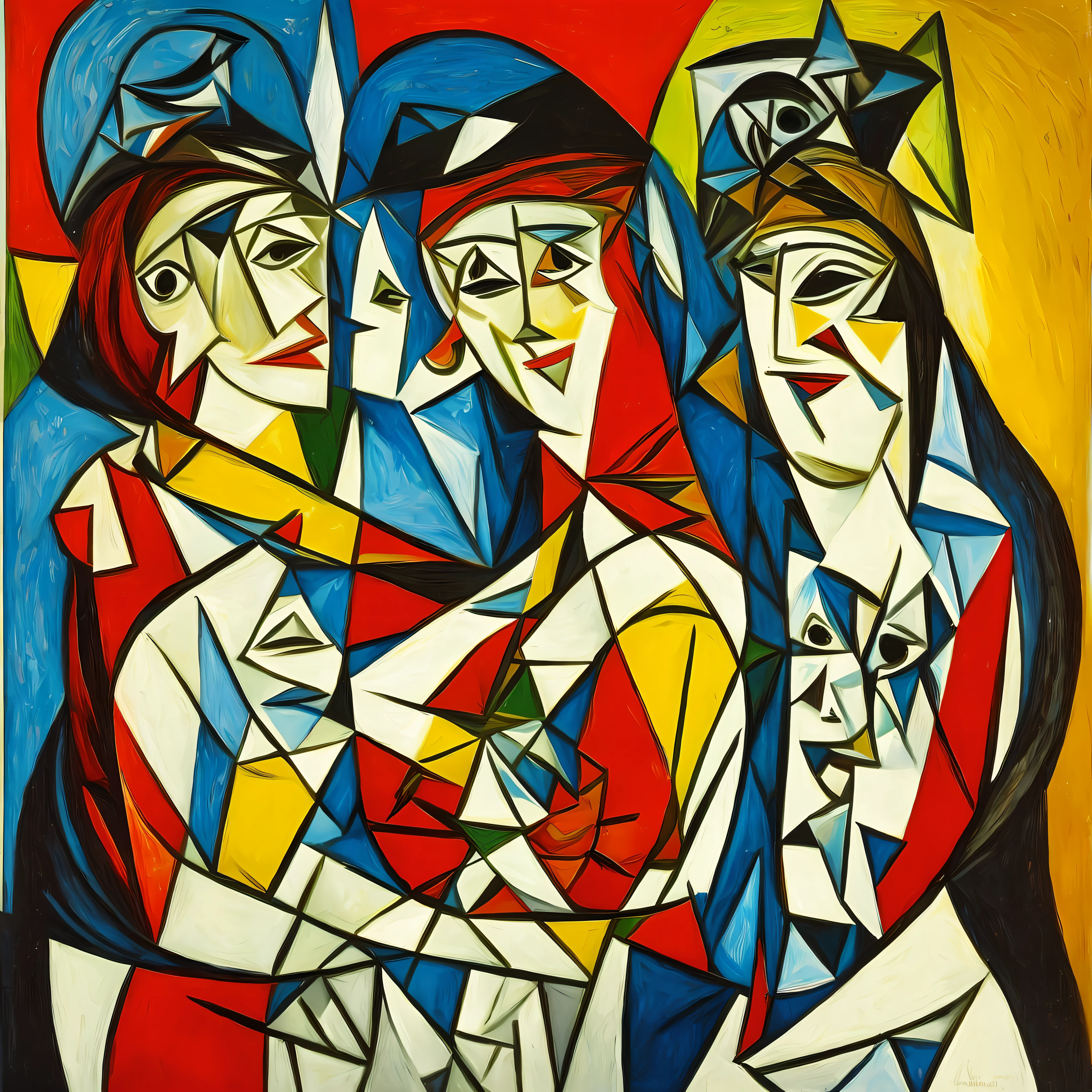 Oil painting of two beautifull women in a closed hugg, olhos fechados, sorrindo de alegria, pinceladas grossas cruas, pablo picasso --auto