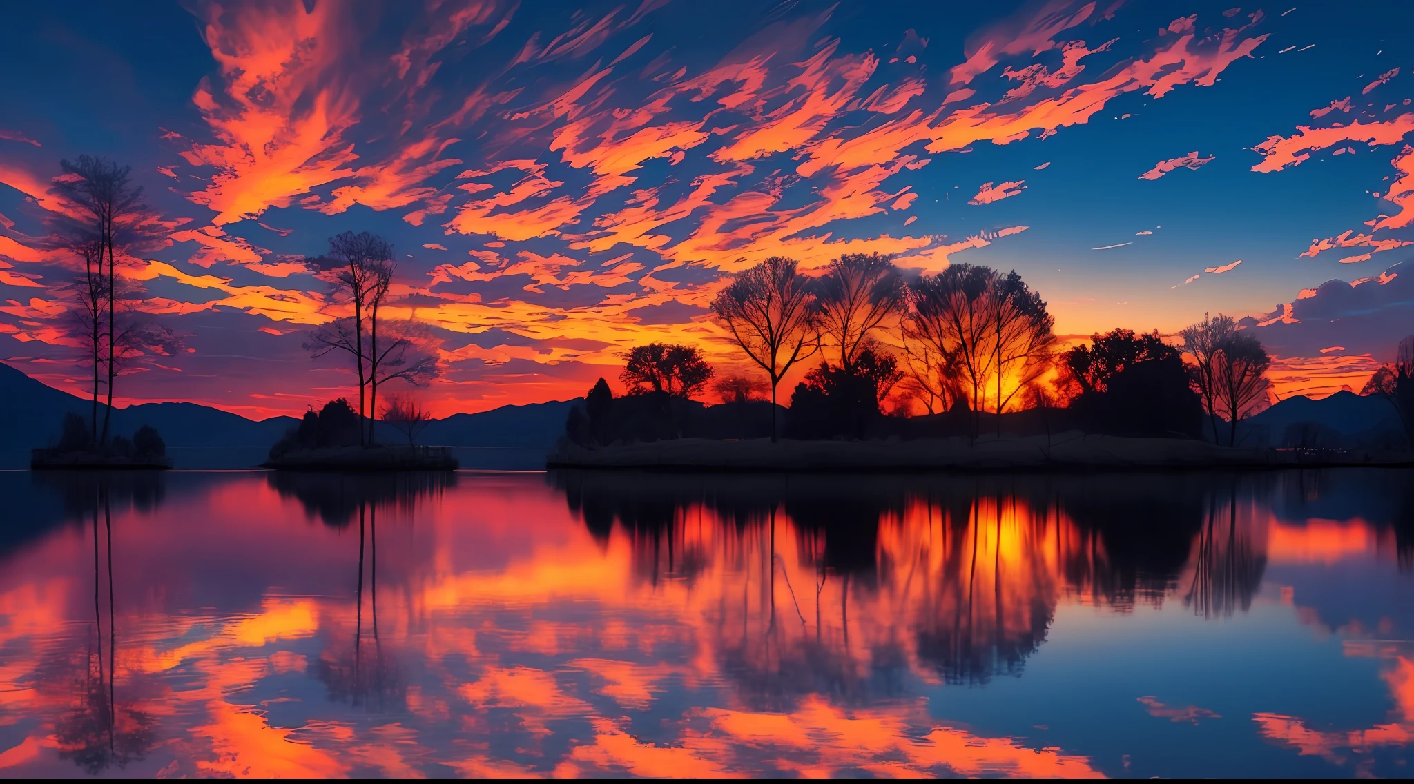 there is a beautiful sunset with a lake and trees in the background, colorful skies, surreal colors, colorful sunset, colorful sky, marvellous reflection of the sky, stunning sky, dream like atmosphere 8k, colorful clouds, colors reflecting on lake, surreal sky, red and blue reflections, fire reflection, beautiful sky, beautiful and spectacular dusk, beautiful dreamy landscape, amazing sky