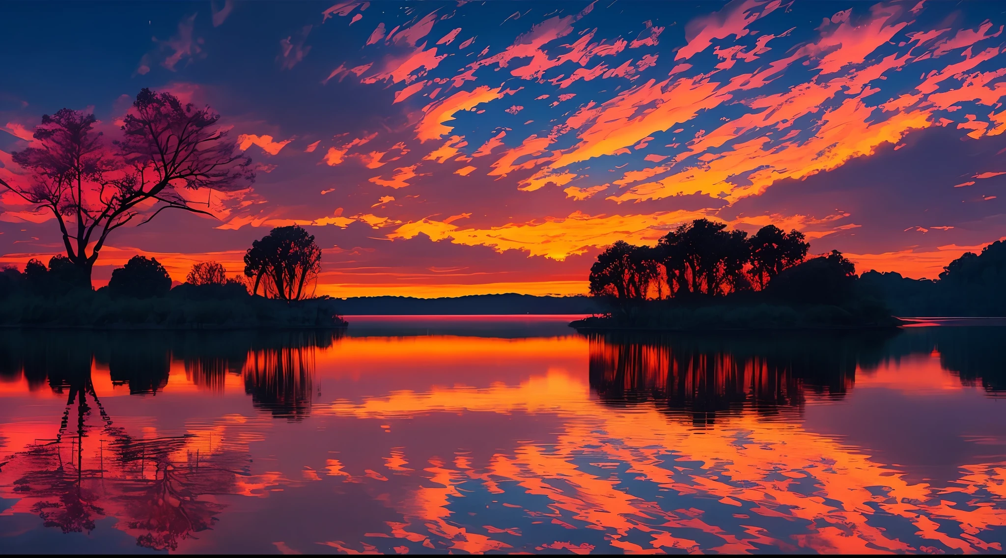 there is a beautiful sunset with a lake and trees in the background, colorful skies, surreal colors, colorful sunset, colorful sky, marvellous reflection of the sky, stunning sky, dream like atmosphere 8k, colorful clouds, colors reflecting on lake, surreal sky, red and blue reflections, fire reflection, beautiful sky, beautiful and spectacular dusk, beautiful dreamy landscape, amazing sky