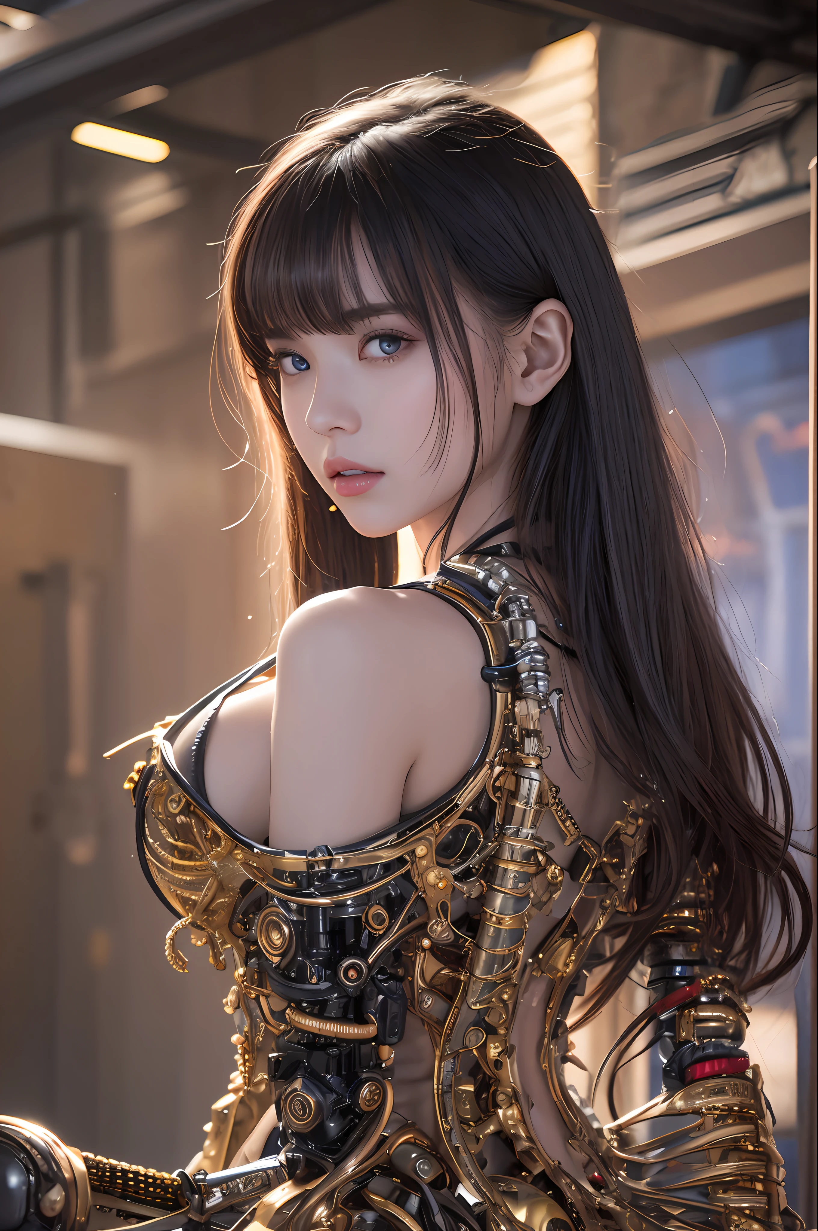 最好质量、巨作、ultra-high-resolution、(photoreallistic:1.4)、Raw photo、女の子1人、Black hair、glowy skin、Cyberpunk Girl、((hyper realistic detail))、portlate、Global Illumination、Shadow、octane rend、in 8K、ultrasharp、big tit、Raw skin is exposed in cleavage、metals、Details of complex ornaments、Indian Hindu Detail、Luminous tube、Analog Meter、cog、gear、Golden hydraulic cylinder、hyper intricate details、Realistic light、CGSoation Trends、purple colored eyes、eyes glowing、Facing the camera、neon details、Mechanical limbs、blood vessels connected to tubes、Mechanical vertebrae attached to the back、mechanical cervical attaching to neck、sitting on、Wires and cables connecting to the head、Small LED lamp、