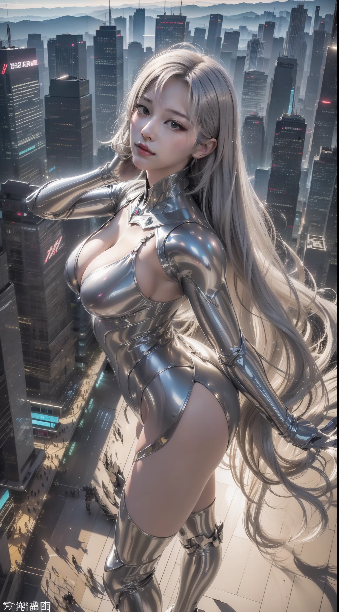 （masterpaintings、need、Ultra-delicate、high resolucion），(((She has long silver hair，A meticulous face，Nice face，The face of a human woman：1.6)))，(((Female giant)))，(The body is made of silver，The arms present a streamlined design，Looks tall and thin，The overall shape is streamlined and modern)，(standing pose)，pose for photos，high-angle，nigth，city ruins，background detail，（（（body complet））），From above，独奏，(((solo dance)))，(((Huge feeling)))