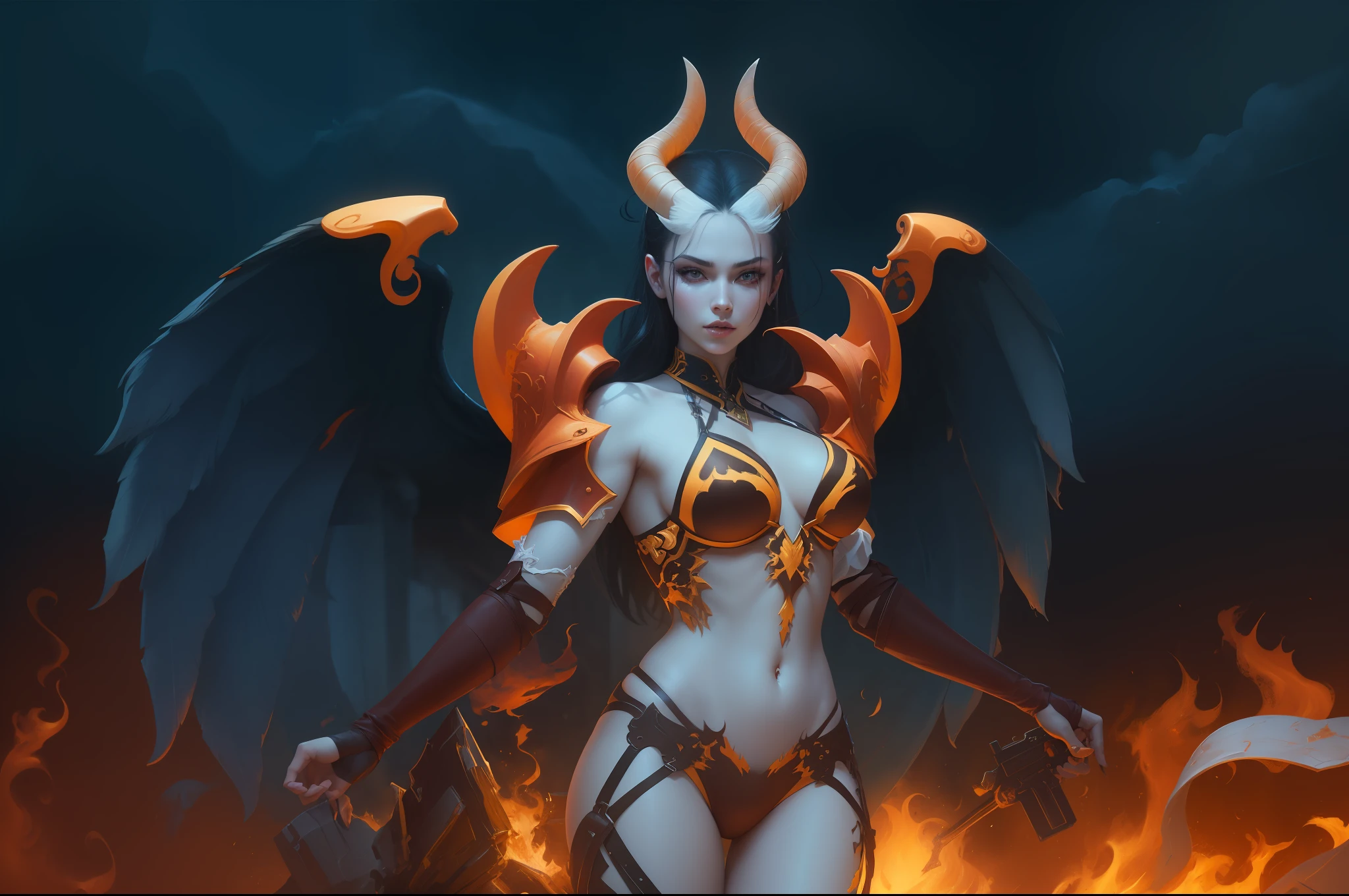 (masterpiece),best quality,ultra-detailed,extremely detailed,high resolution, beautiful female demon, seductive gaze, wearing bikini armor, black wings, fiery background, dynamic pose.
