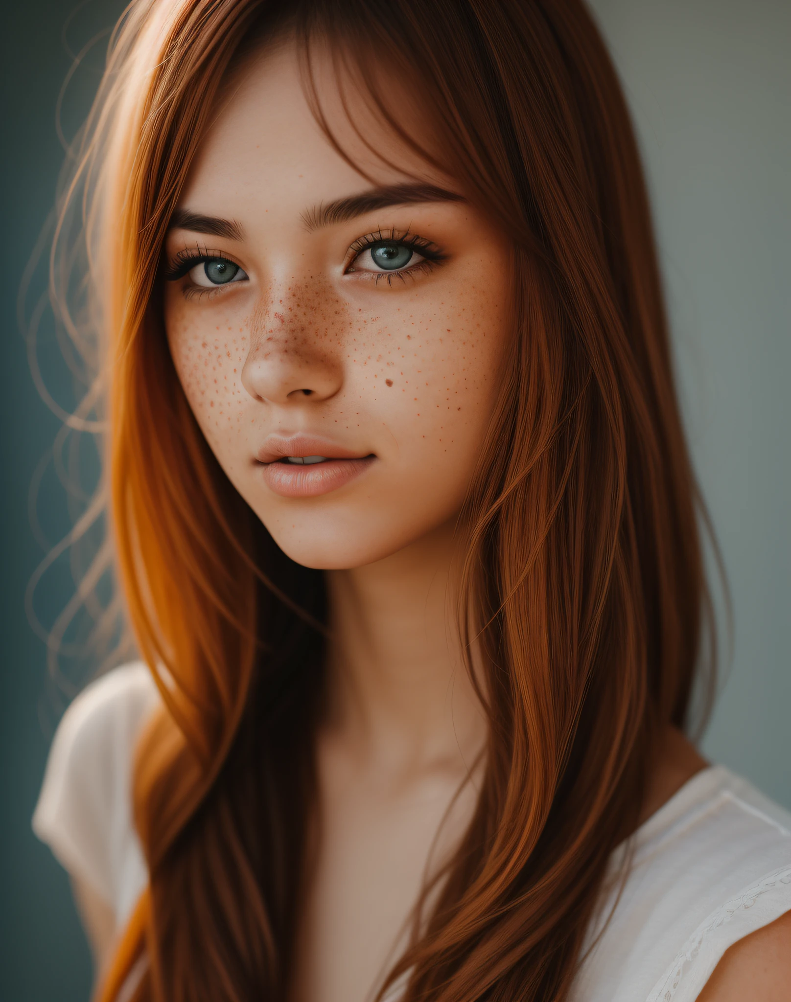 a 20 year old girl with brown eyes, orange hair and freckles on her skin, professional color grading, soft shadows, no contrast, clean sharp focus, film photography –q 2 –s 750 –v 5
