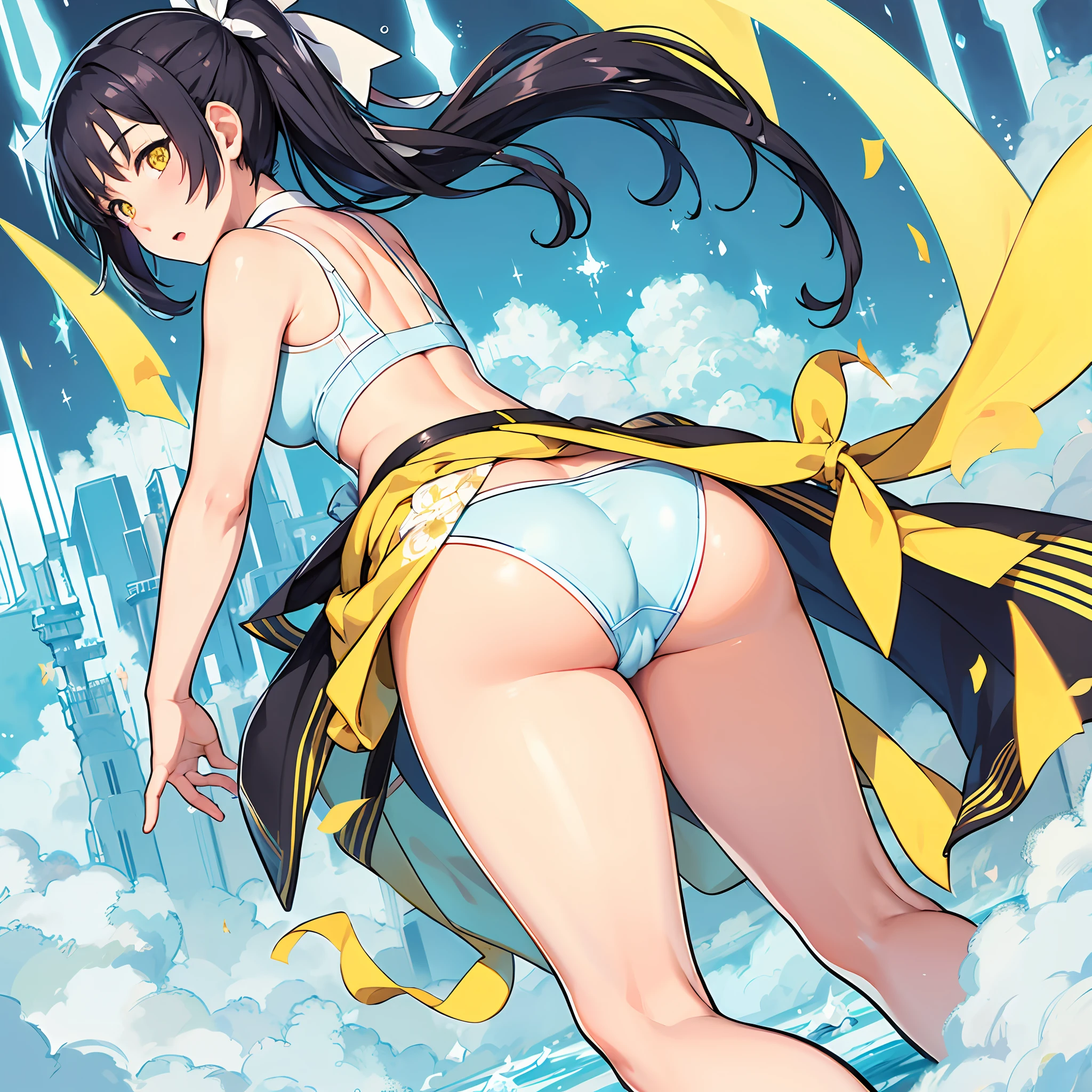 Solo, Anime, Love Live! , Black hair ponytail, yellow eyes, underwear, wet sheer, white underwear, angle from behind, big buttocks, white big ribbon hair fastening, puffy thighs, --auto