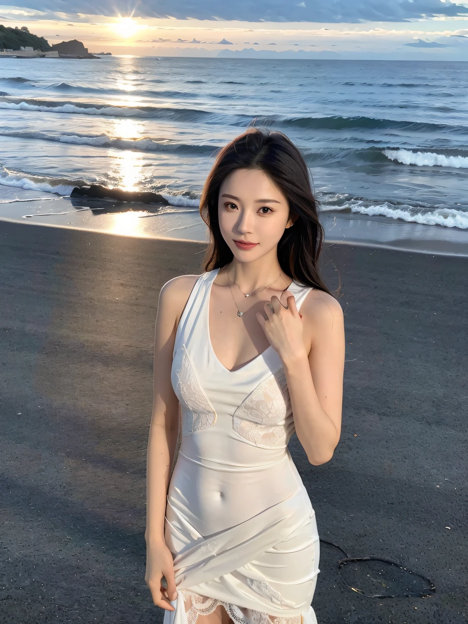 ,巨作, Best quality,8K, ultra-high-resolution,cinematlic lighting,(beatiful eyes:1.1), ((Medium view,Upper body body)),at dusk at golden hour,The goddess walks on the beach by the sea。She wore a long white lace dress,The waves under her feet seemed to follow her light footsteps,Sparkle in the setting sun。She caressed the sea breeze,The eyes reveal endless serenity and tenderness。