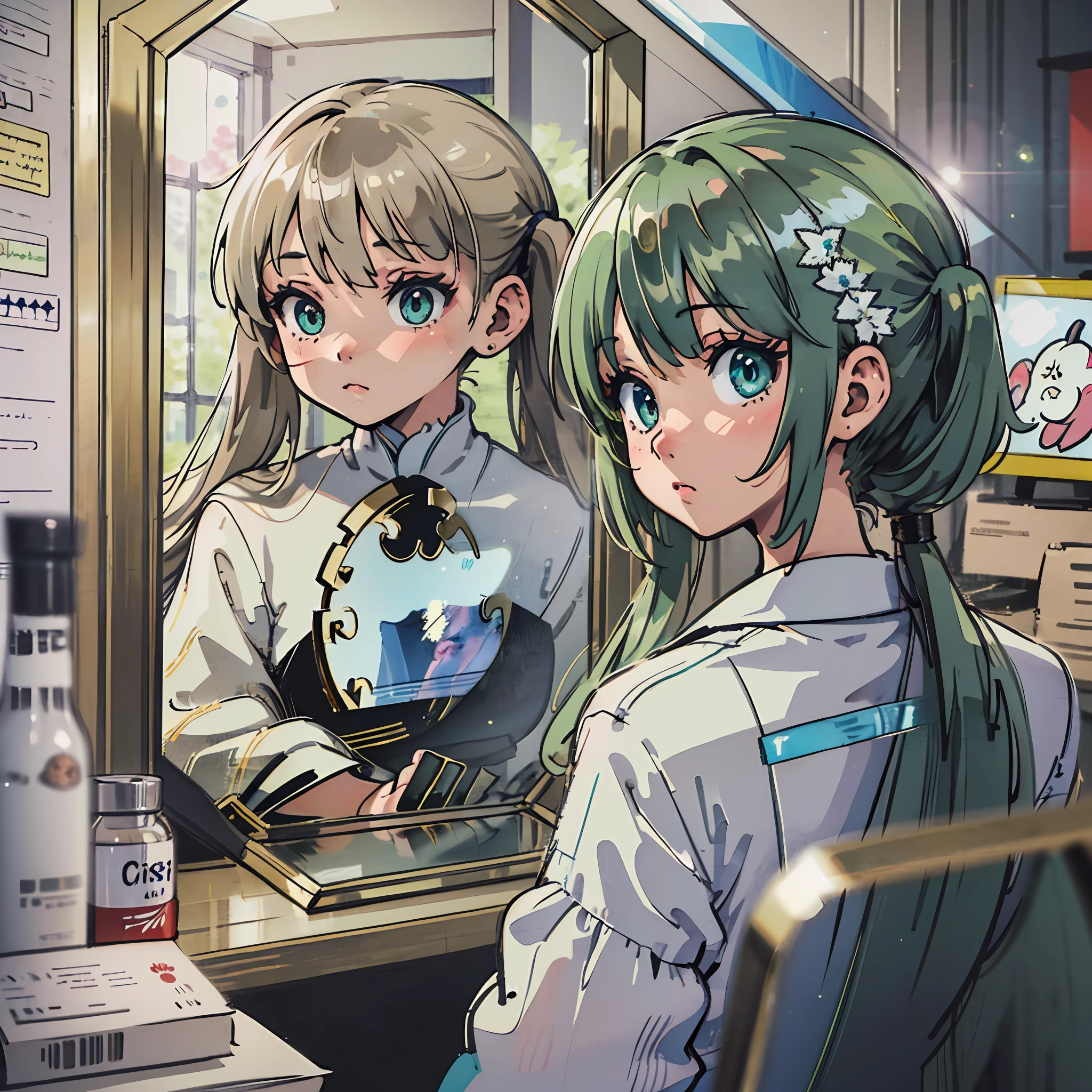 (award winning 8k concept art:1.3) of (young woman sees a ghost in a mirror:1.3), close to camera, sweet, front, epic, (masterpiece:1.4), (best quality:1.4), Amazing, beautiful, finely detailed, (Depth of field:1.4), 8k, fine art, stunning, (light reflections:1), (crisp:1.6), red twin tails, vibrant, (edge detection:1.4), absurdres, impressive, 120mm, clear, lens flare, wide shot, wide angle, colorful