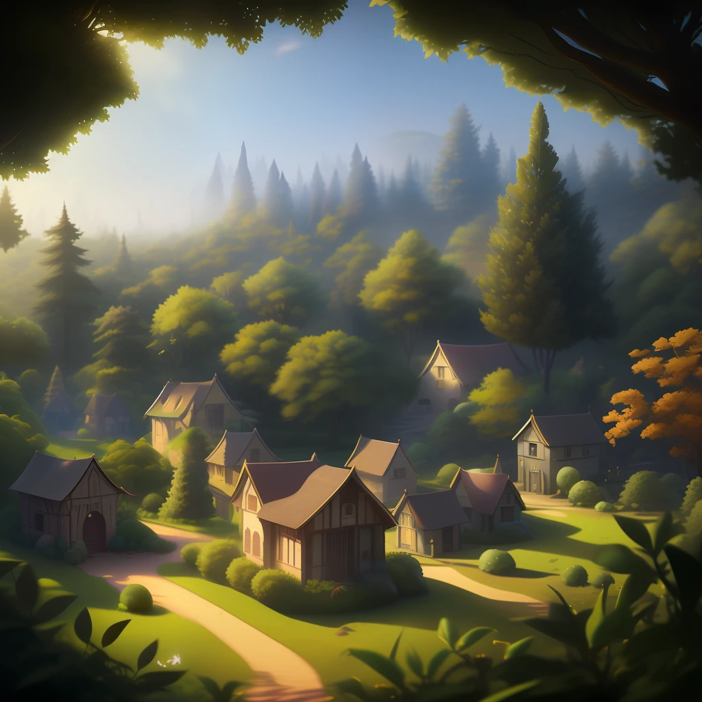 dark, fantasy, nebular, forest with treetop village, glowing plants