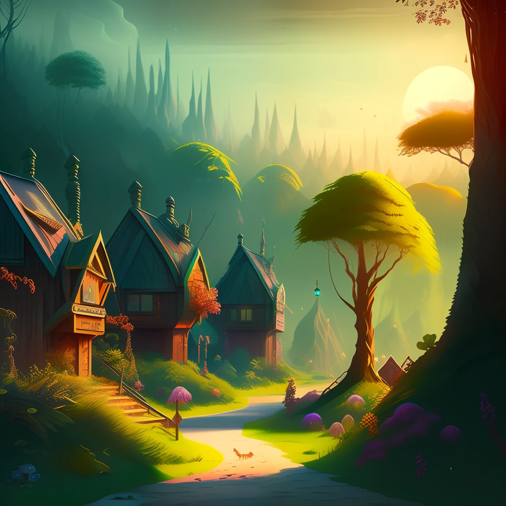 dark, fantasy, nebular, forest with treetop village, glowing plants