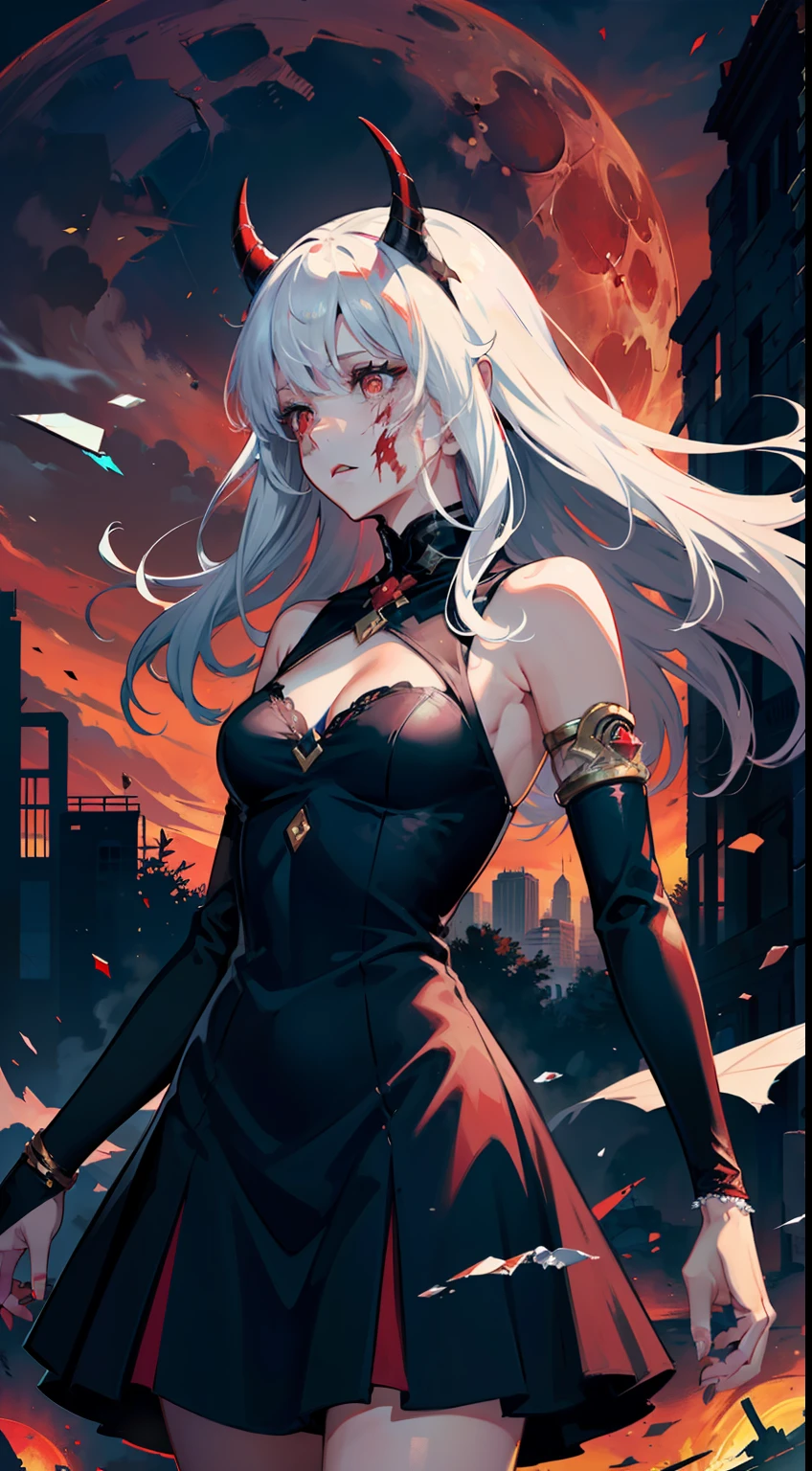 ((best quality)),((masterpiece)),(detailed),(wallpaper),(realistic:0.8),ultra high res,Highly detailed,beautiful detailed eyes,(1 girl),solo,demon horns,long hair,white hair,red eyes,black dress,armlet,ruins,sad,dynamic,lateral view,cowboy shot,dynamic angle,(red moon),ether,(bloody sky:1.2),(landscape:1.5),(dissolving:1.2),(fading:1.35),(disintegration:1.2),(broken glass:1.2),ruins,