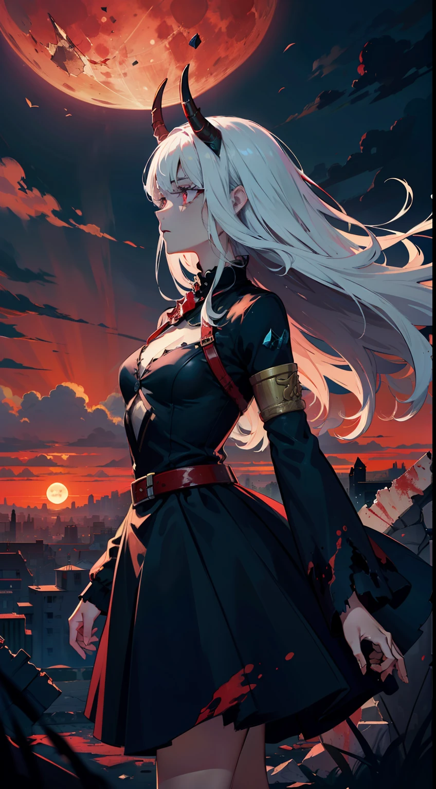 ((best quality)),((masterpiece)),(detailed),(wallpaper),(realistic:0.8),ultra high res,Highly detailed,beautiful detailed eyes,(1 girl),solo,demon horns,long hair,white hair,red eyes,black dress,armlet,ruins,sad,dynamic,lateral view,cowboy shot,dynamic angle,(red moon),ether,(bloody sky:1.2),(landscape:1.5),(dissolving:1.2),(fading:1.35),(disintegration:1.2),(broken glass:1.2),ruins,