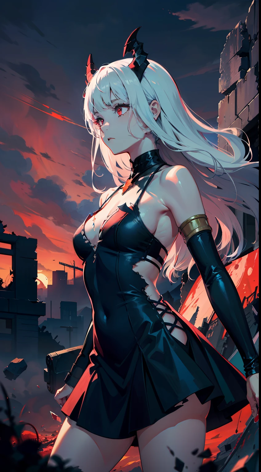 ((best quality)),((masterpiece)),(detailed),(wallpaper),(realistic:0.8),ultra high res,Highly detailed,beautiful detailed eyes,(1 girl),solo,demon horns,long hair,white hair,red eyes,black dress,armlet,ruins,sad,dynamic,lateral view,cowboy shot,dynamic angle,(red moon),ether,(bloody sky:1.2),(landscape:1.5),(dissolving:1.2),(fading:1.35),(disintegration:1.2),(broken glass:1.2),ruins,