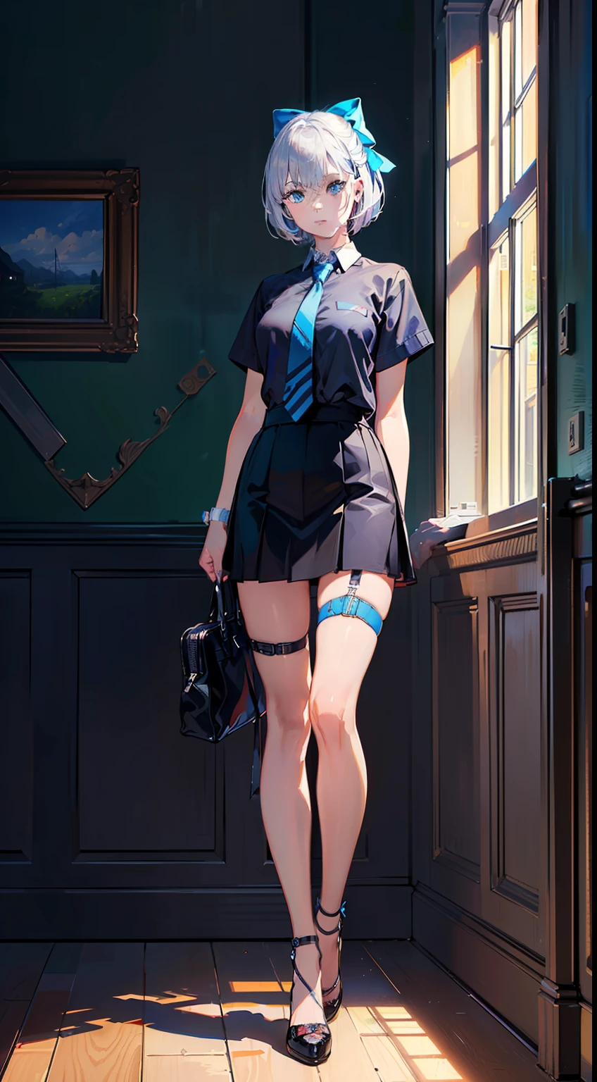 ((((best quality))), (((ultra detailed))), (((masterpiece))), illustration,1girl, silver pubic hair, short hair, black shirt, skirt, necktie, highres, masterpiece, photorealistic, beautiful, beautiful blue eyes, windowsill background, hair bow, thigh strap, looking at viewer,standing, full body, from below,,
