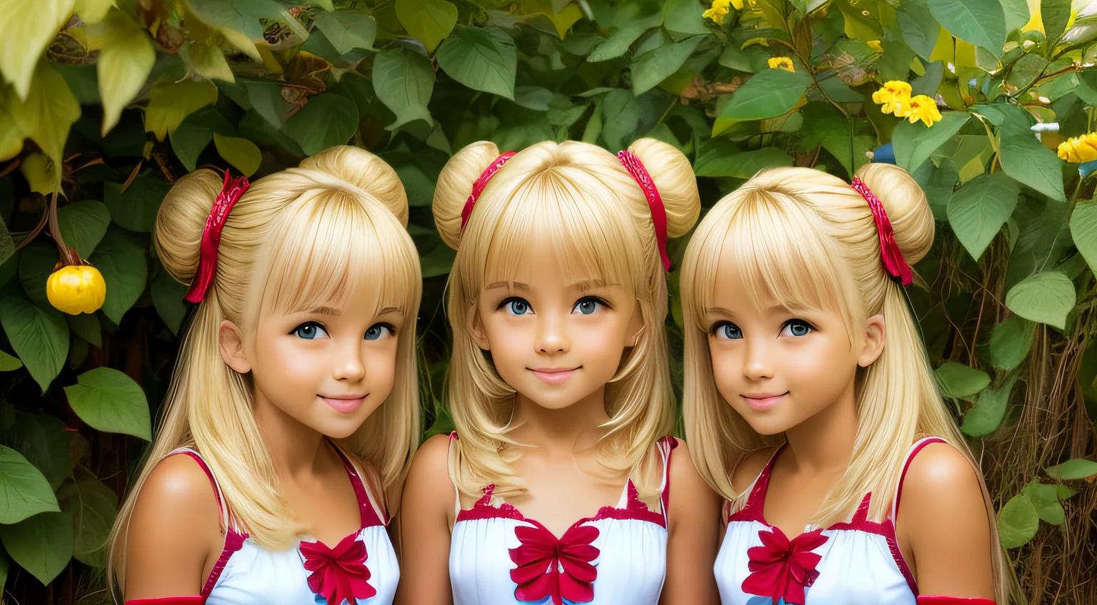 Blond-haired triplets, COM CASACOS DE PELE.